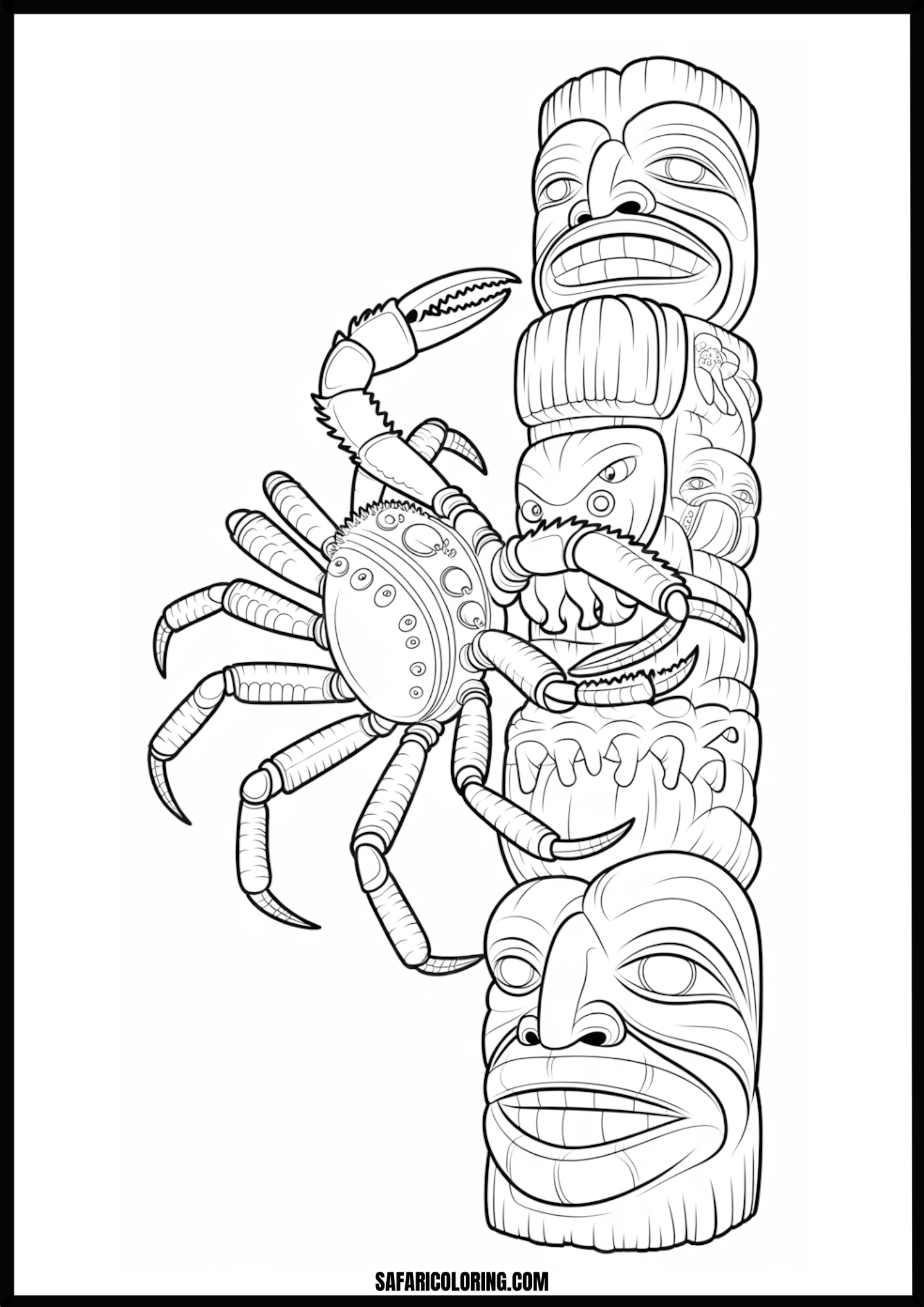 Complex Crab Design for Coloring Highly detailed black and white illustration of an ornate crab.