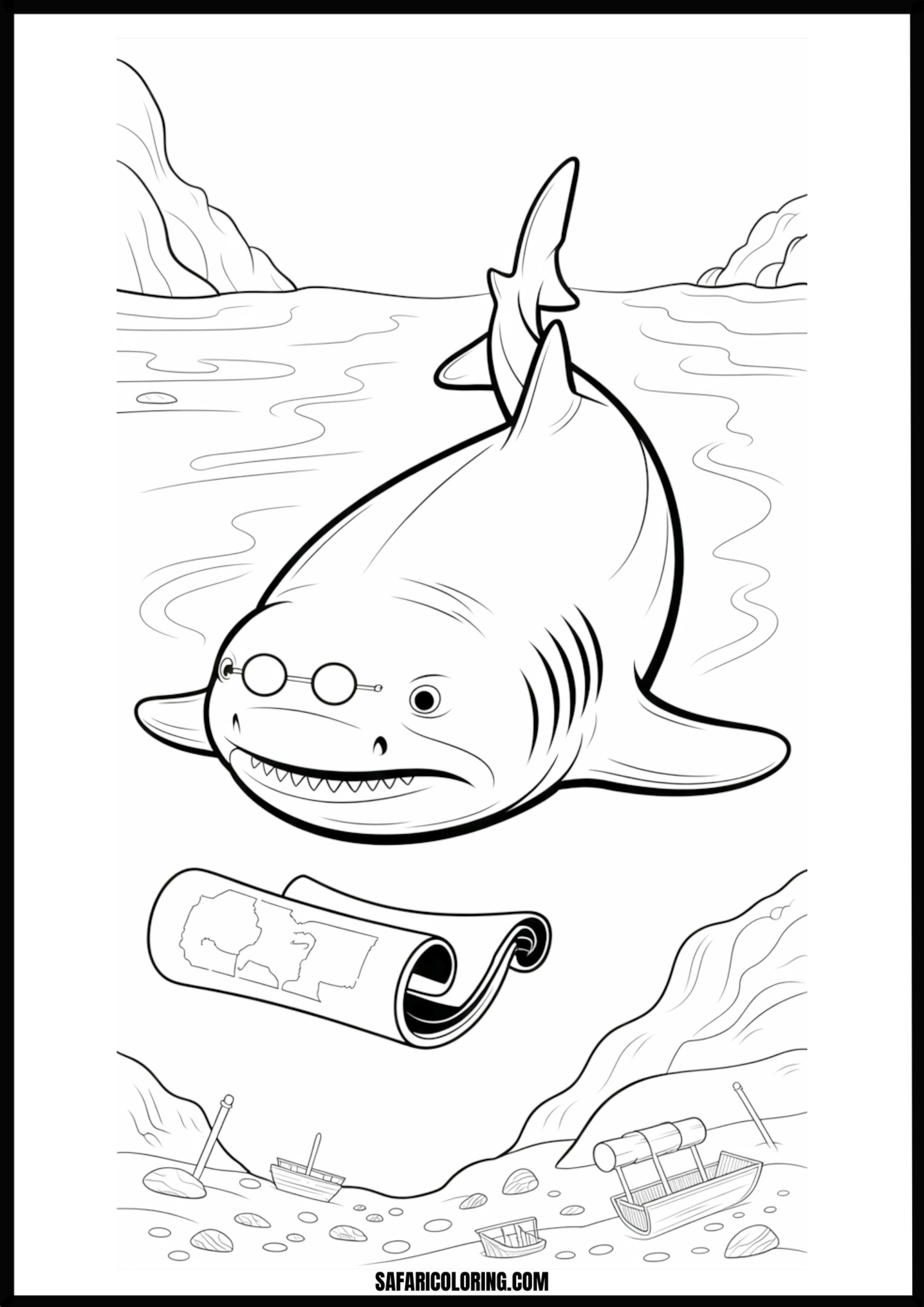 Adventure Shark with Treasure Map Coloring Page Cartoon adventure shark with glasses and a treasure map