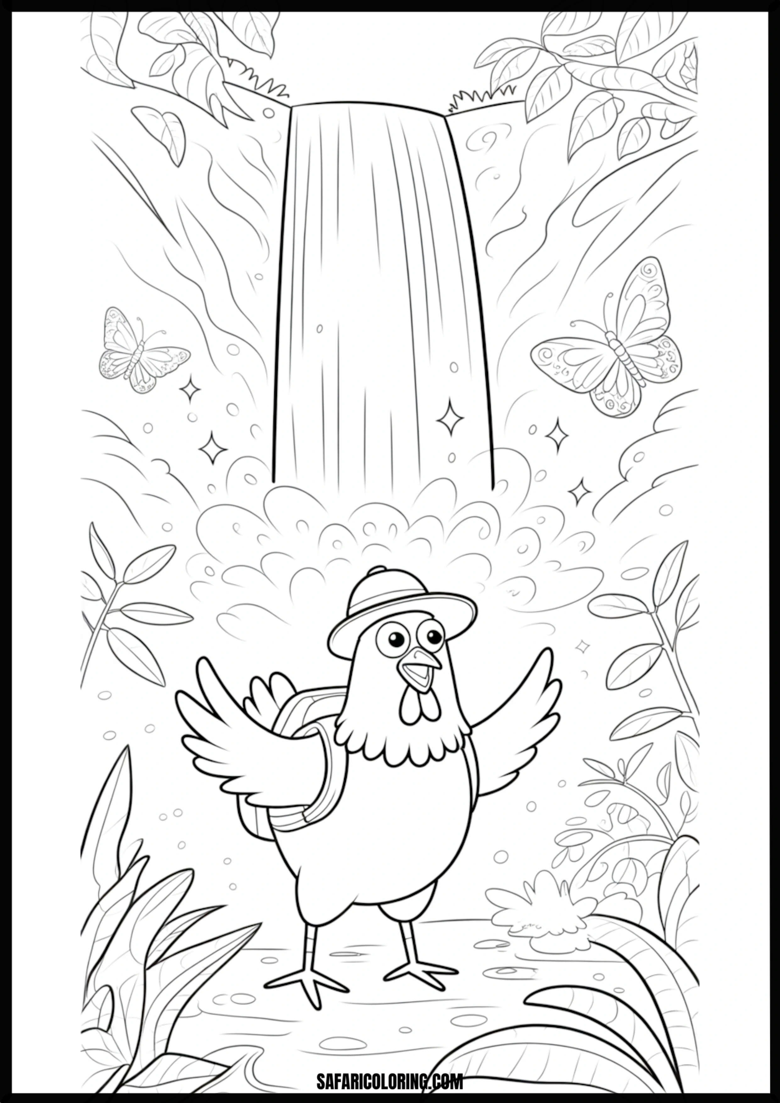 Adventurous chicken standing by a jungle waterfall