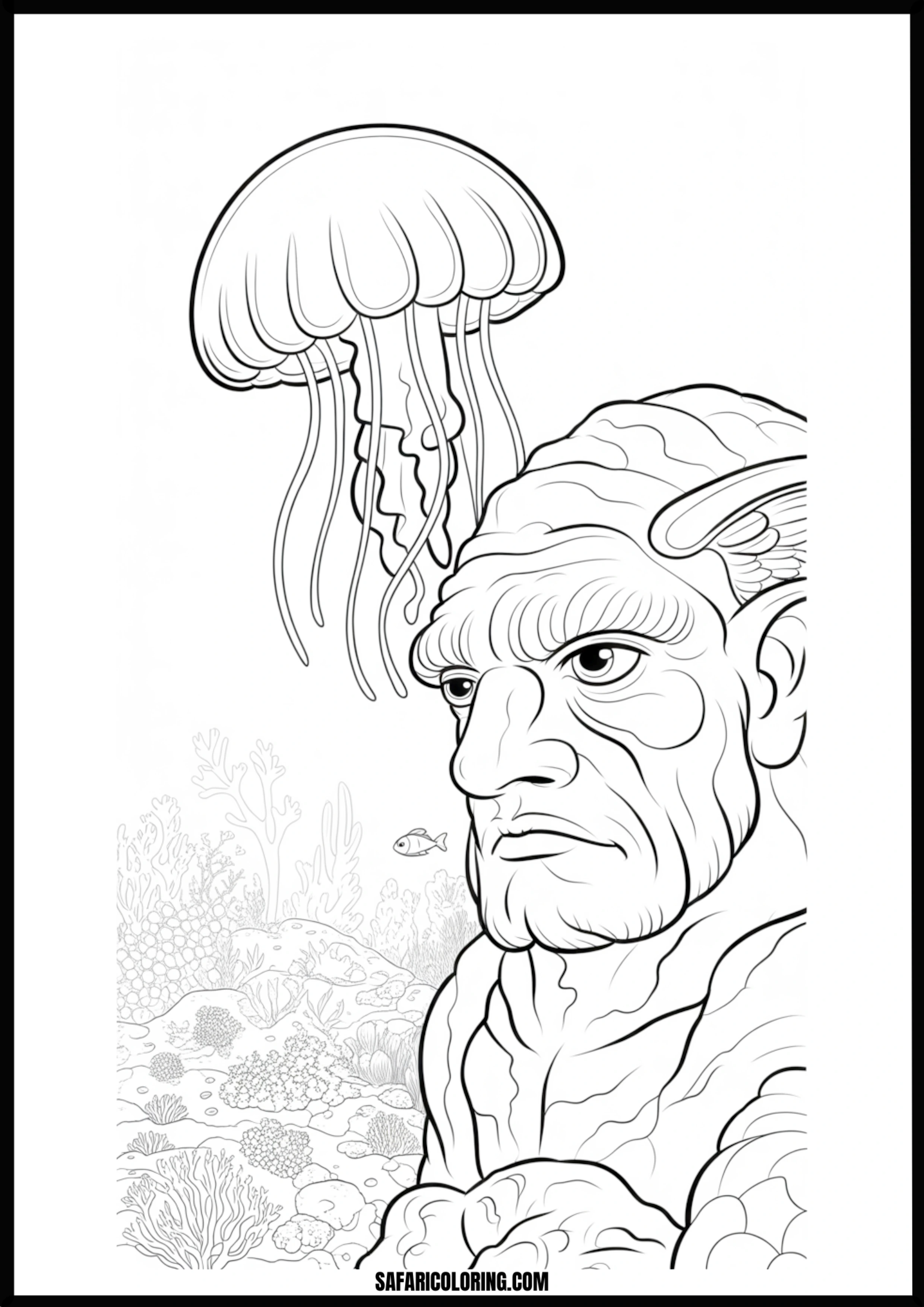 Ancient Sea God and Jellyfish Coloring Page Ancient sea god with flowing beard and trident, swimming among jellyfish.