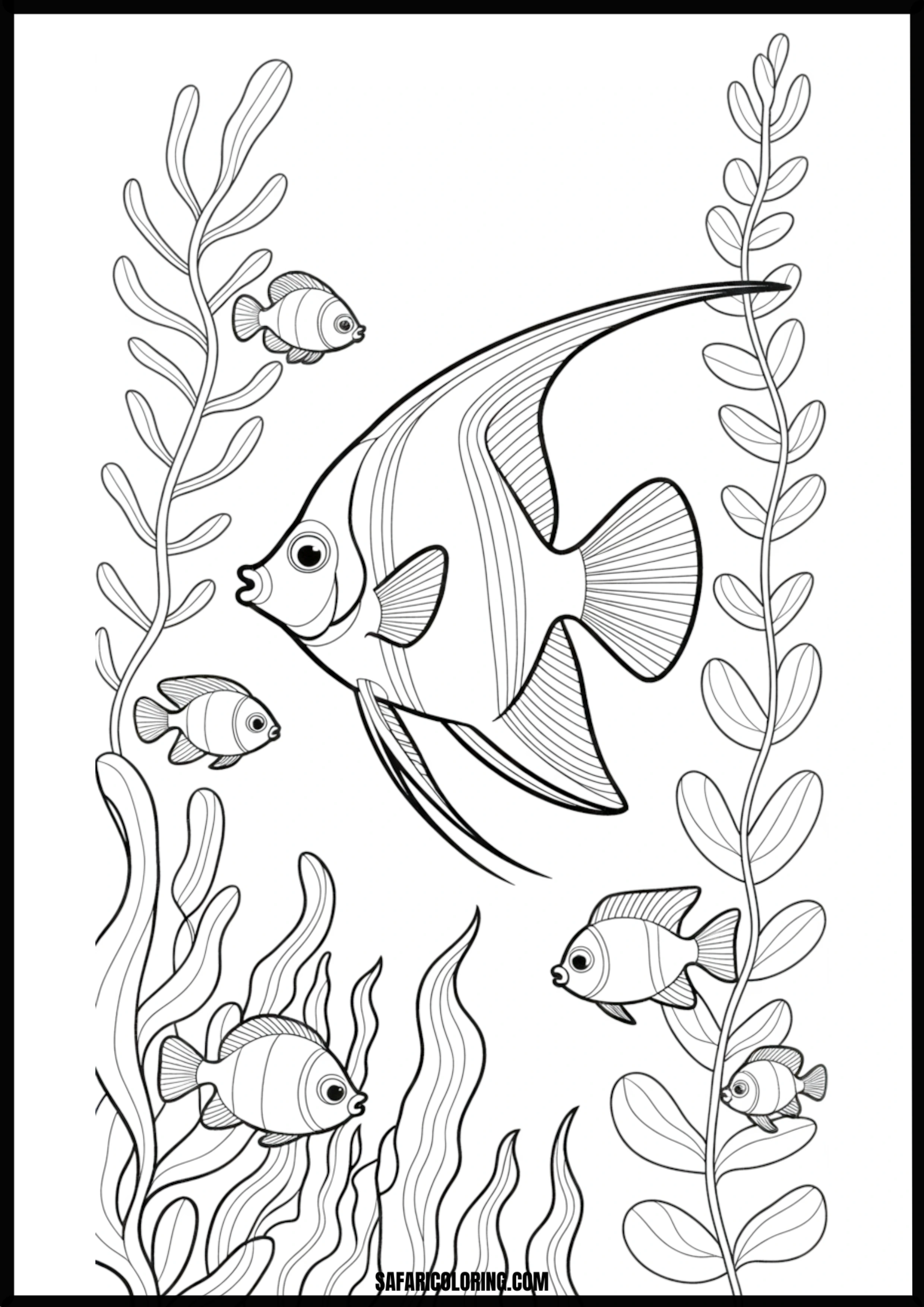 Angelfish and Small Fish Underwater Coloring Page An angelfish swimming gracefully with small fish in an underwater scene.