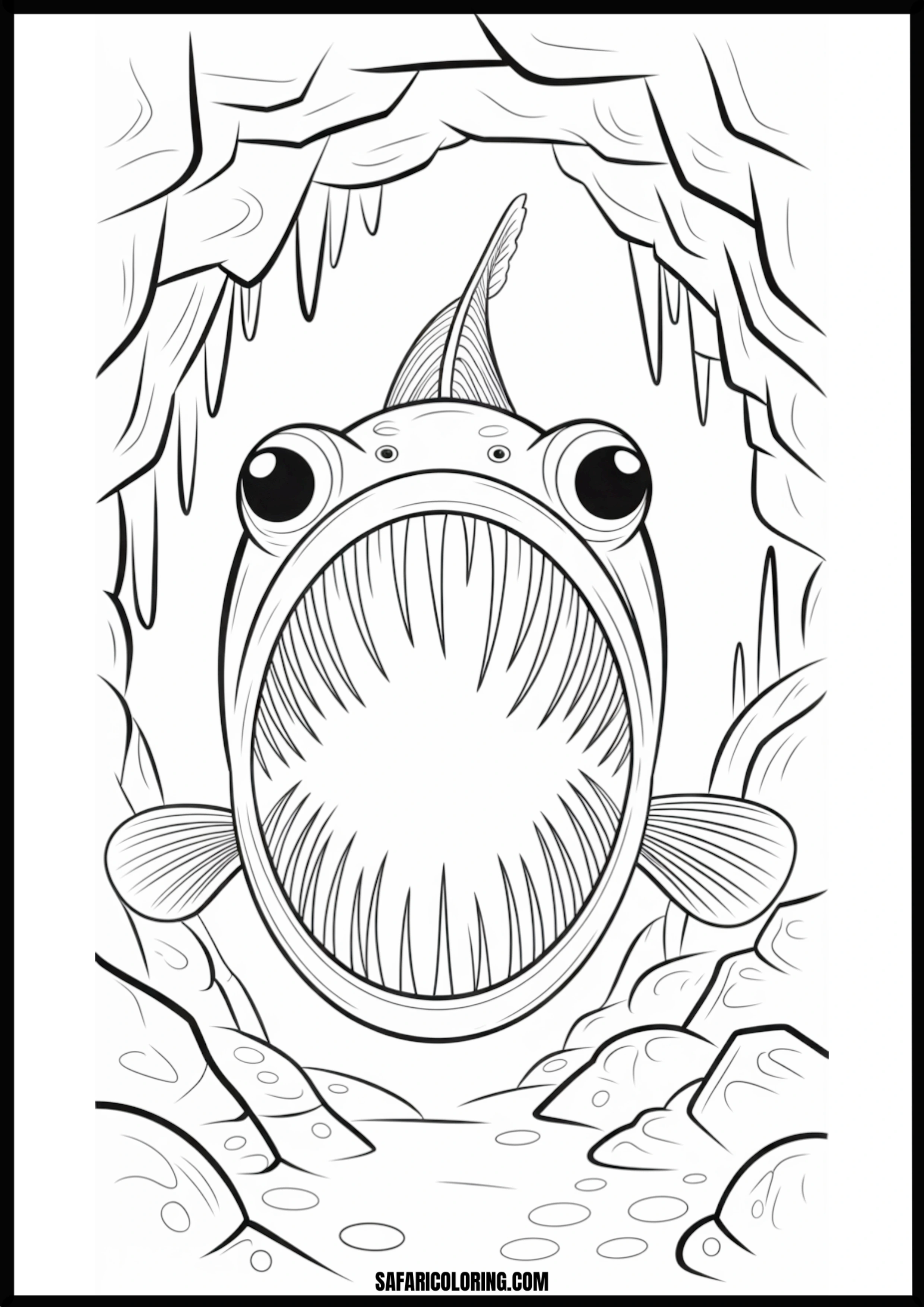 Anglerfish with Big Mouth and Sharp Teeth Coloring Page A fearsome anglerfish with a large open mouth and sharp teeth.