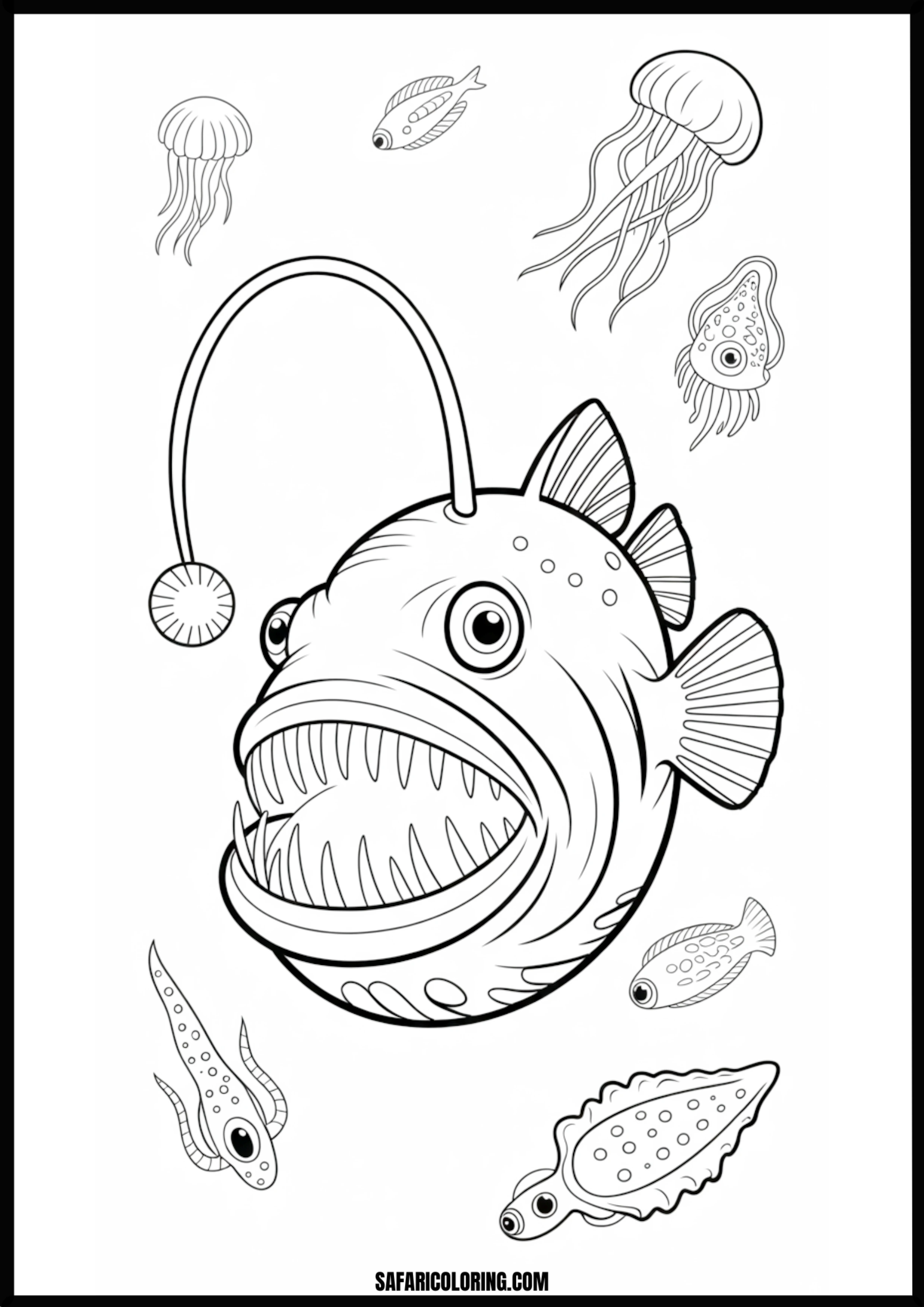 Anglerfish and Deep Sea Creatures Coloring Page An anglerfish with its glowing lure, surrounded by other deep-sea creatures.
