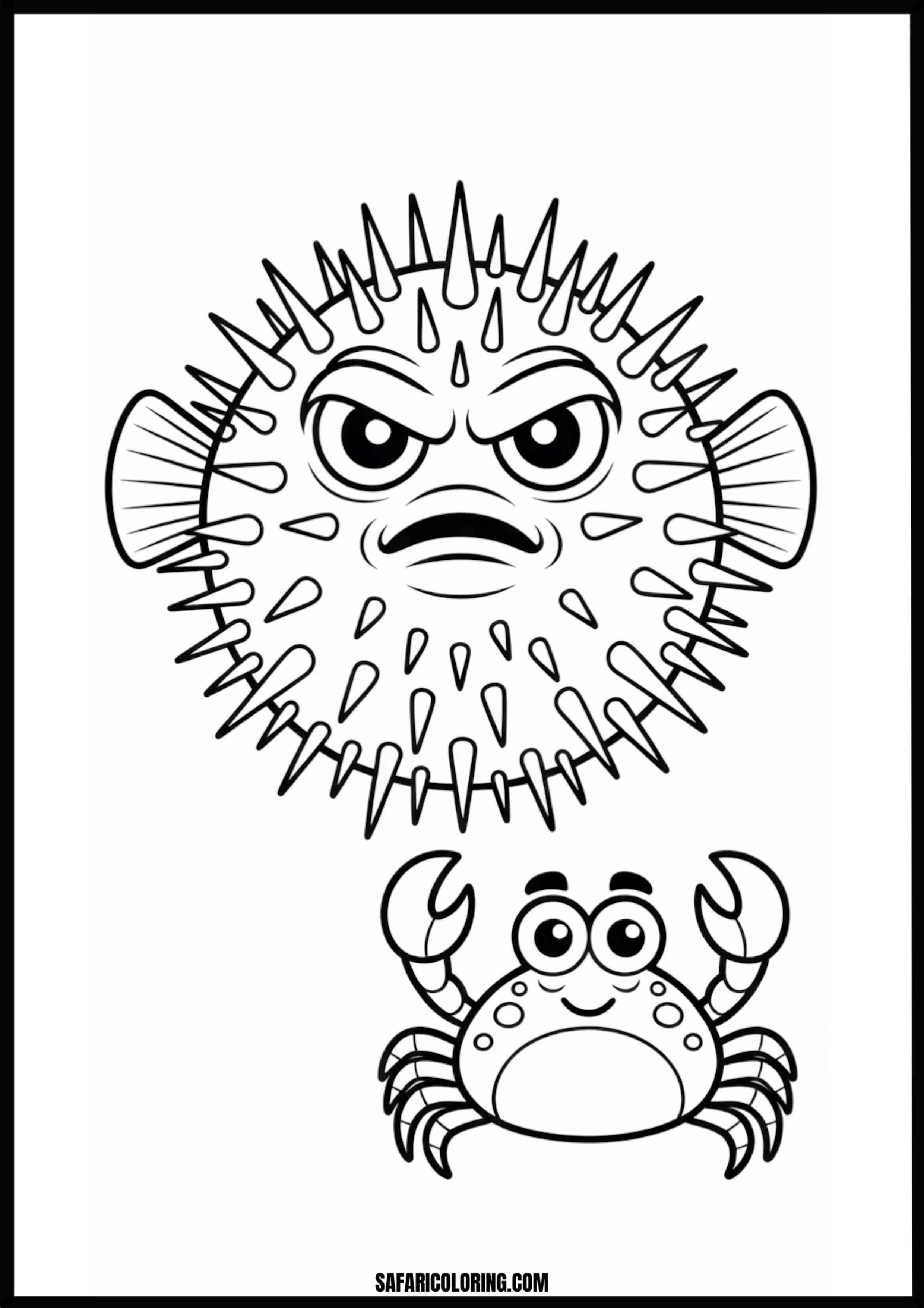Angry Pufferfish and Happy Crab Coloring Page An angry pufferfish puffed up next to a cheerful crab.