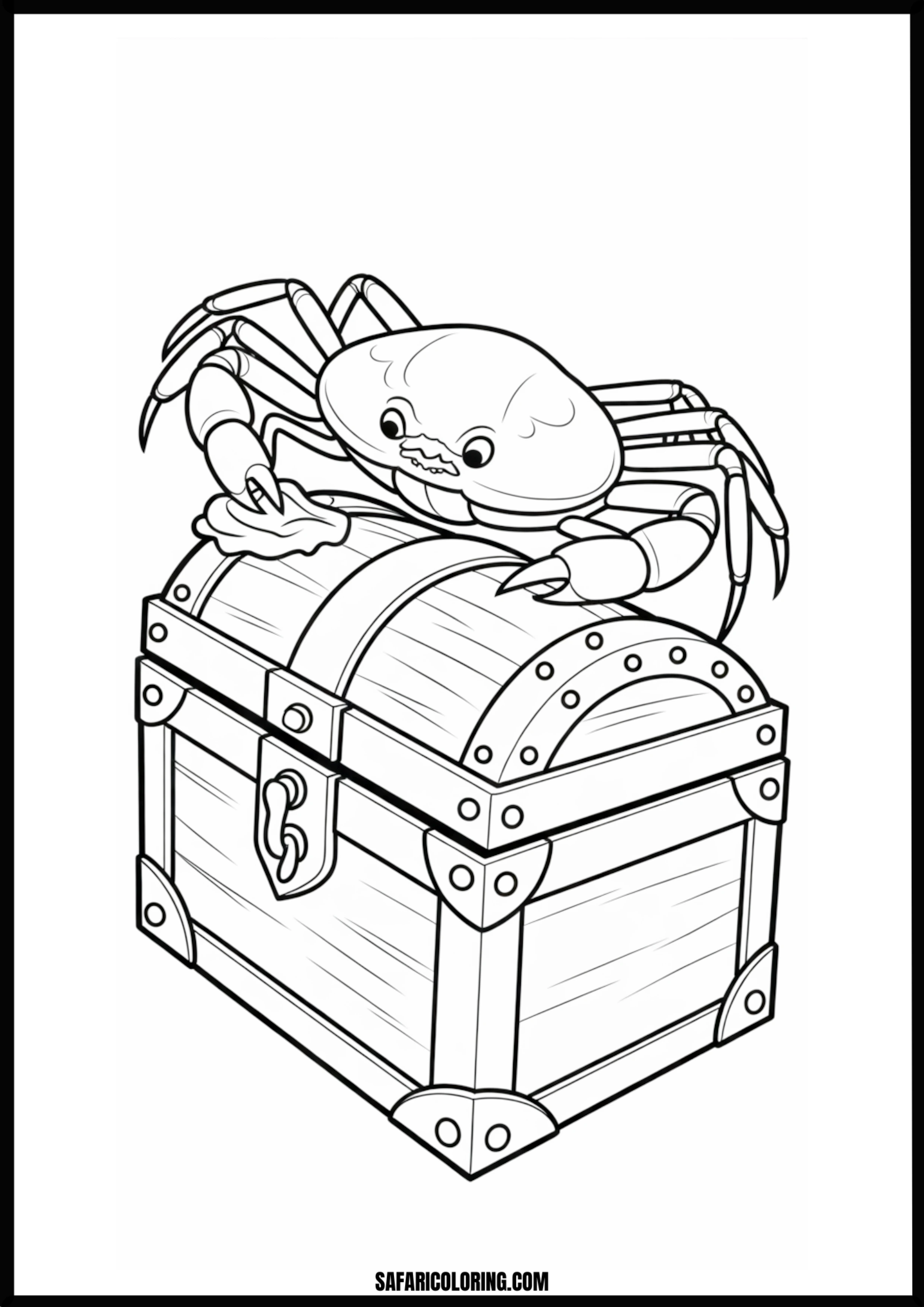 Fierce Crab and Treasure Coloring Page An angry cartoon crab with raised claws, standing on an open treasure chest filled with gold coins.