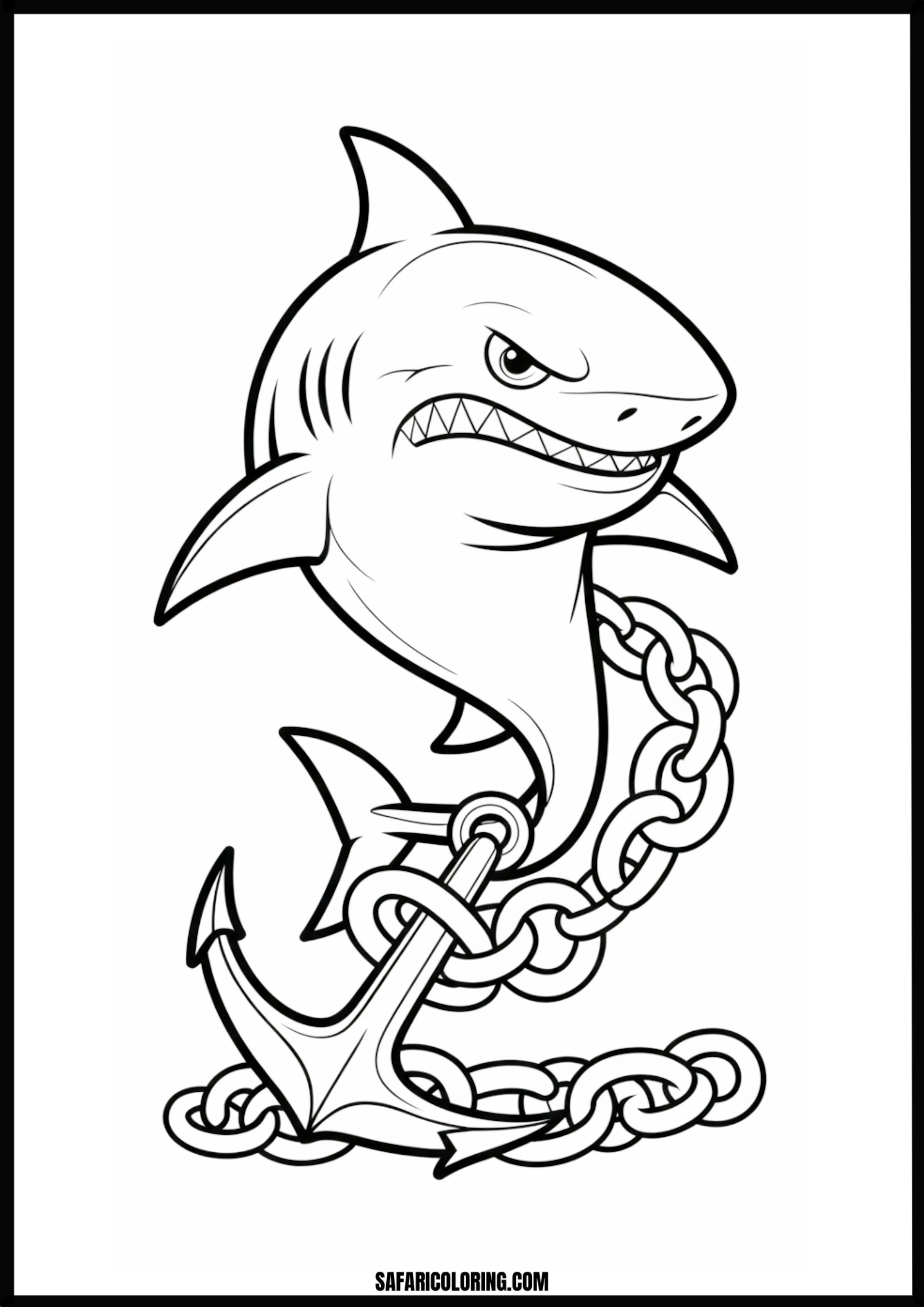 Angry Shark Anchor Drawing Coloring Page Angry shark guarding an anchor and chain
