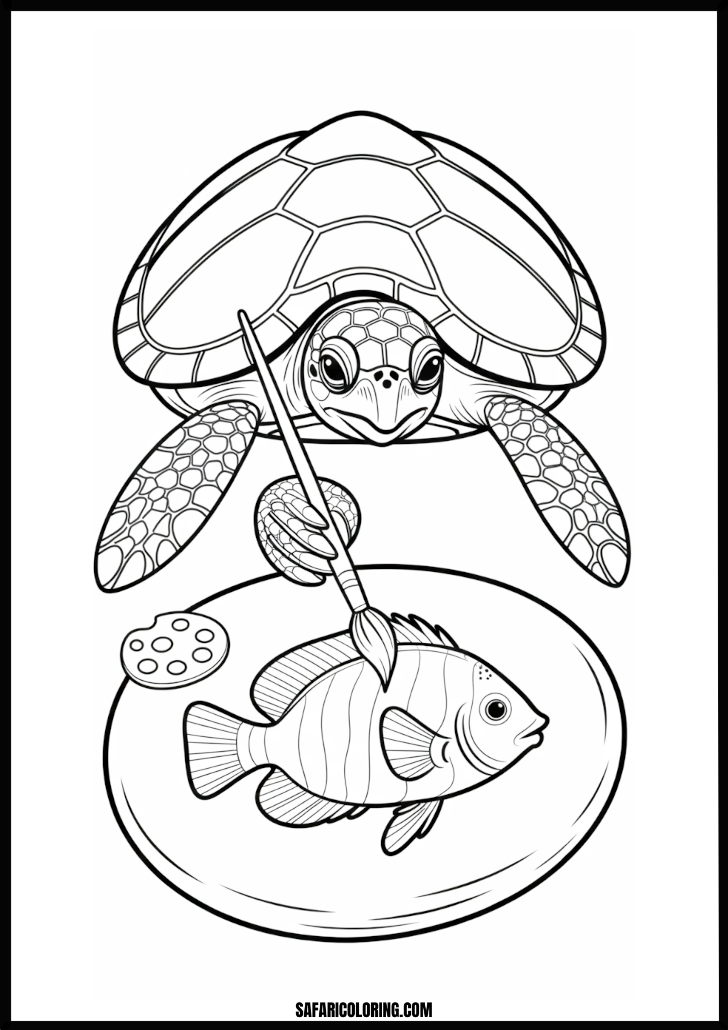 Creative Turtle Painter at Work Cartoon artist turtle painting a fish on a canvas