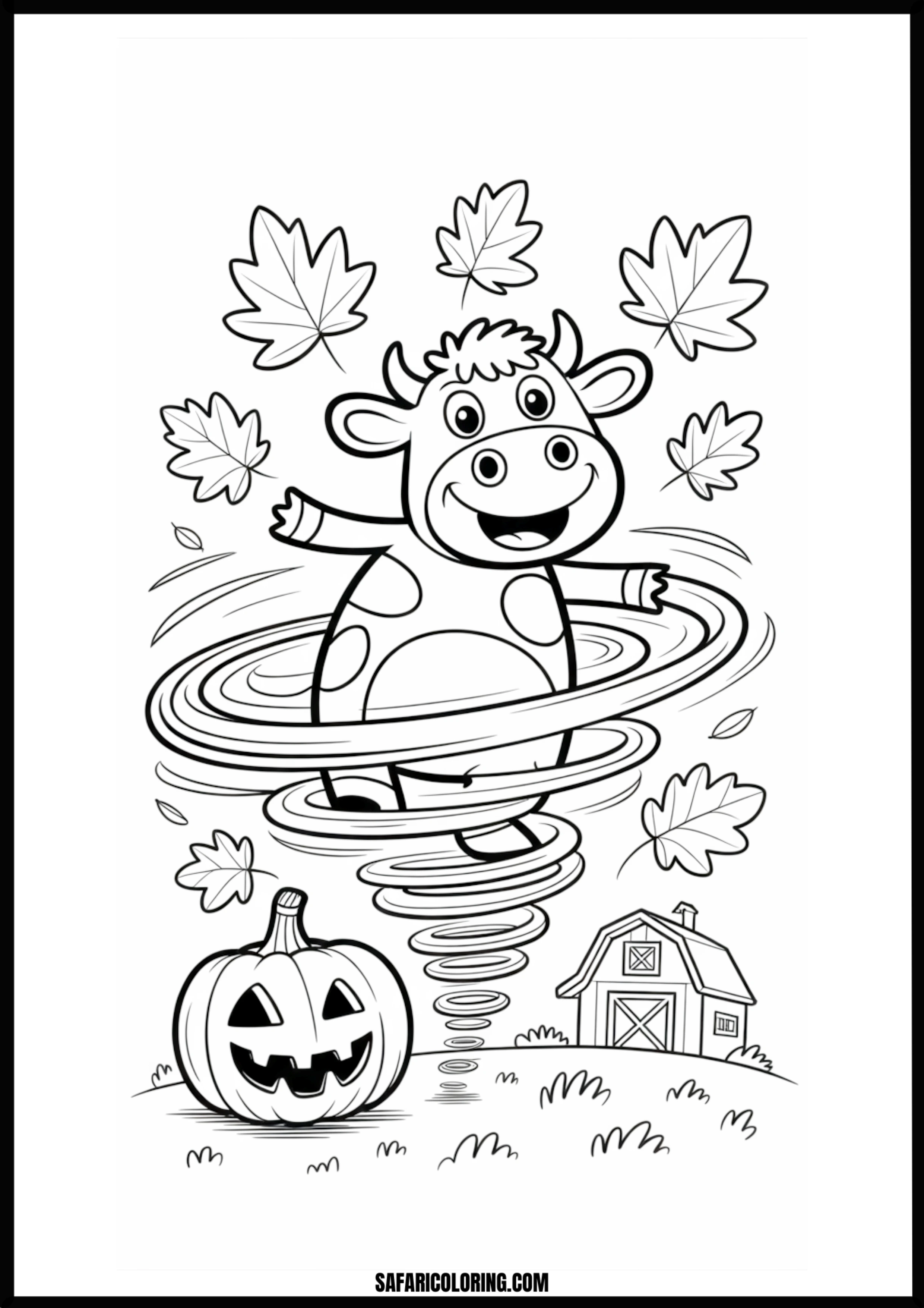 Happy cow with autumn leaves and pumpkin