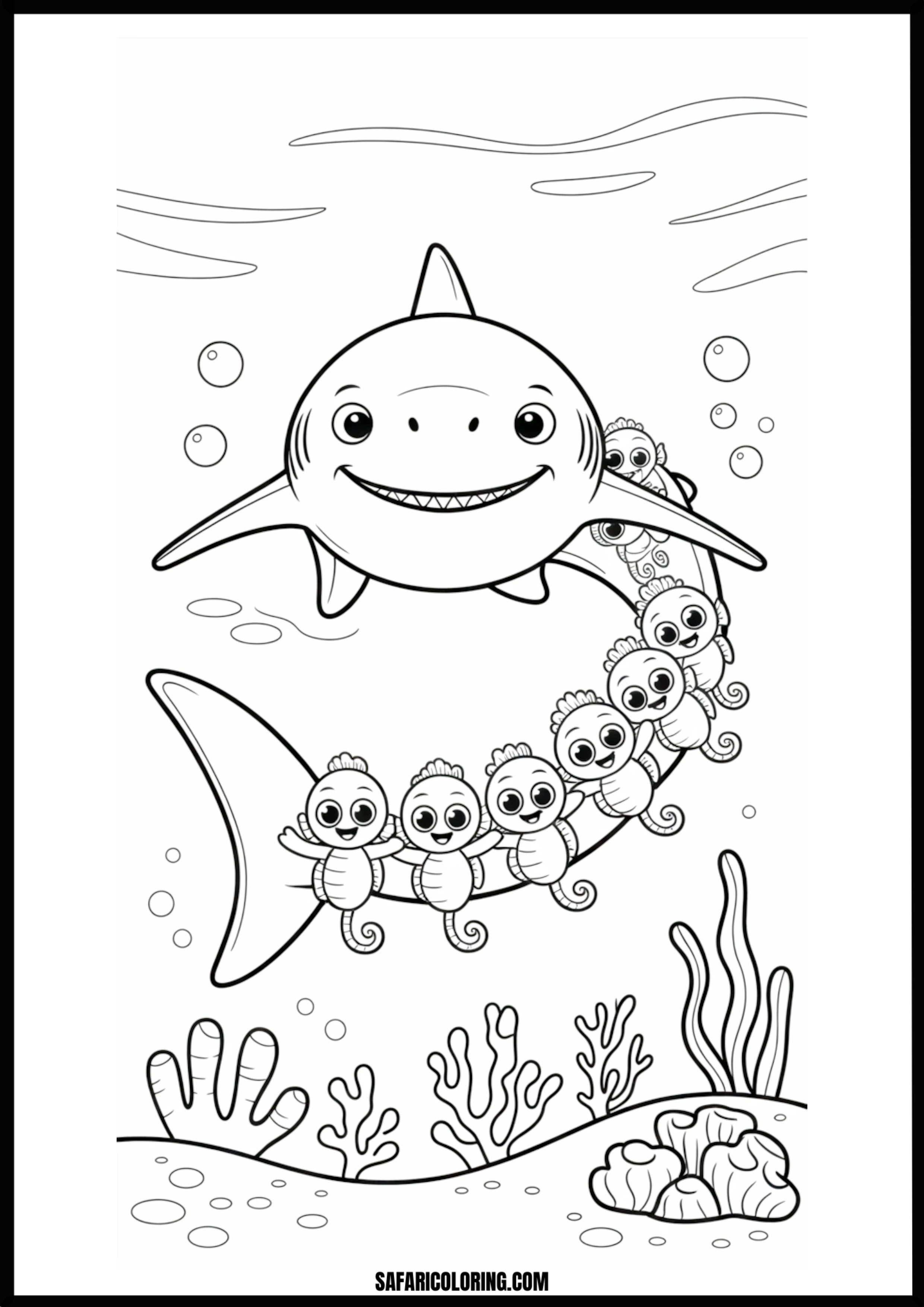 Baby Seahorses Riding Friendly Shark Coloring Page Baby seahorses riding a friendly shark