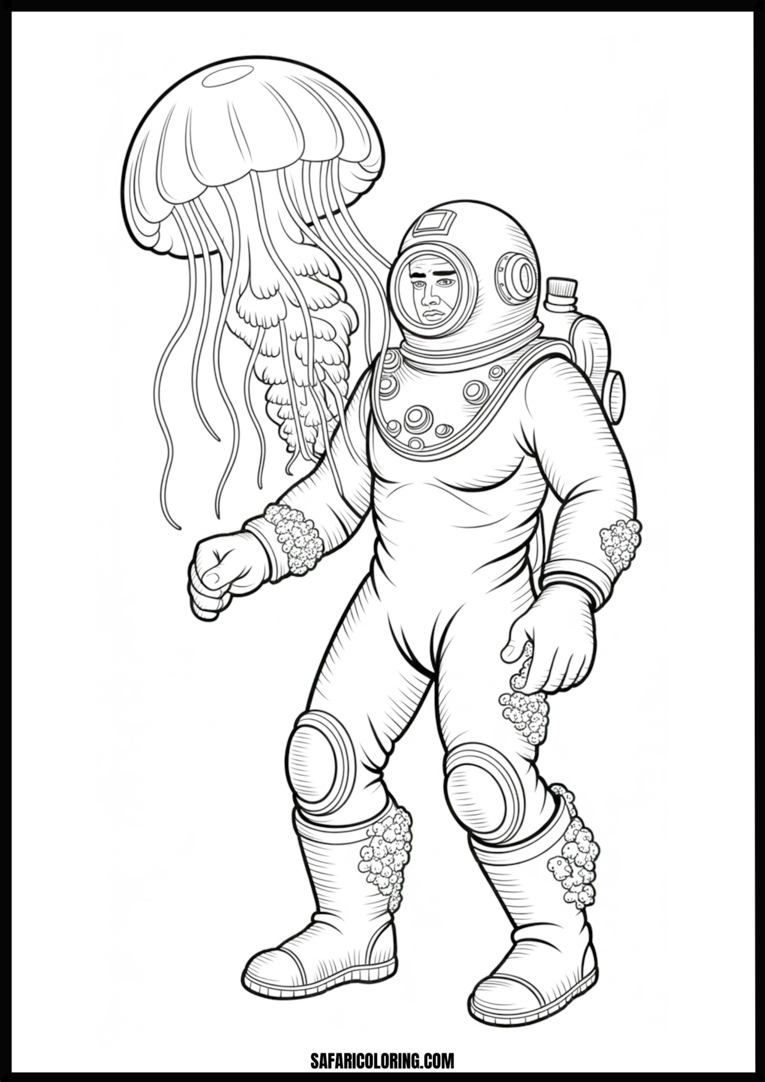 Barnacled Diver and Jellyfish Coloring Page Old diver in a classic helmet with barnacles, surrounded by jellyfish.