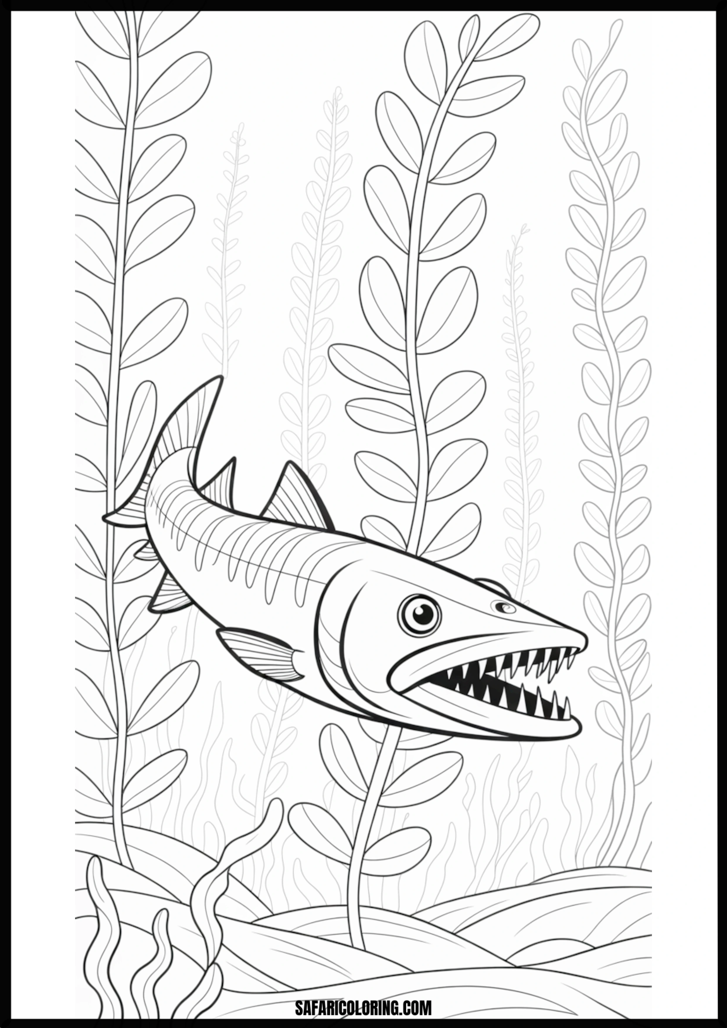Barracuda in Seaweed Coloring Page A barracuda hiding amongst seaweed in an underwater scene.