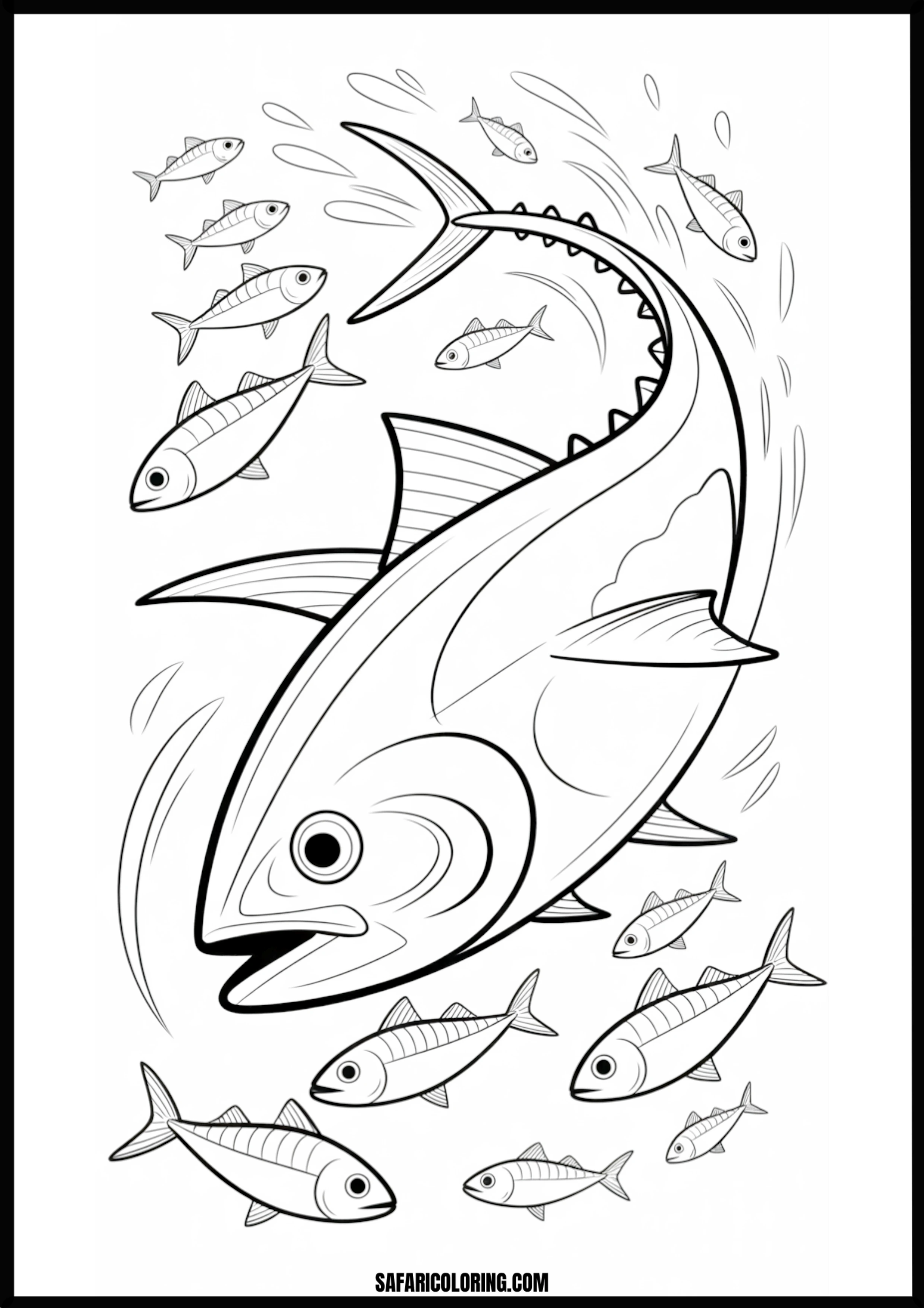 Big Fish Leaping with a School of Fish Coloring Page A large fish leaping out of the water above a school of smaller fish.