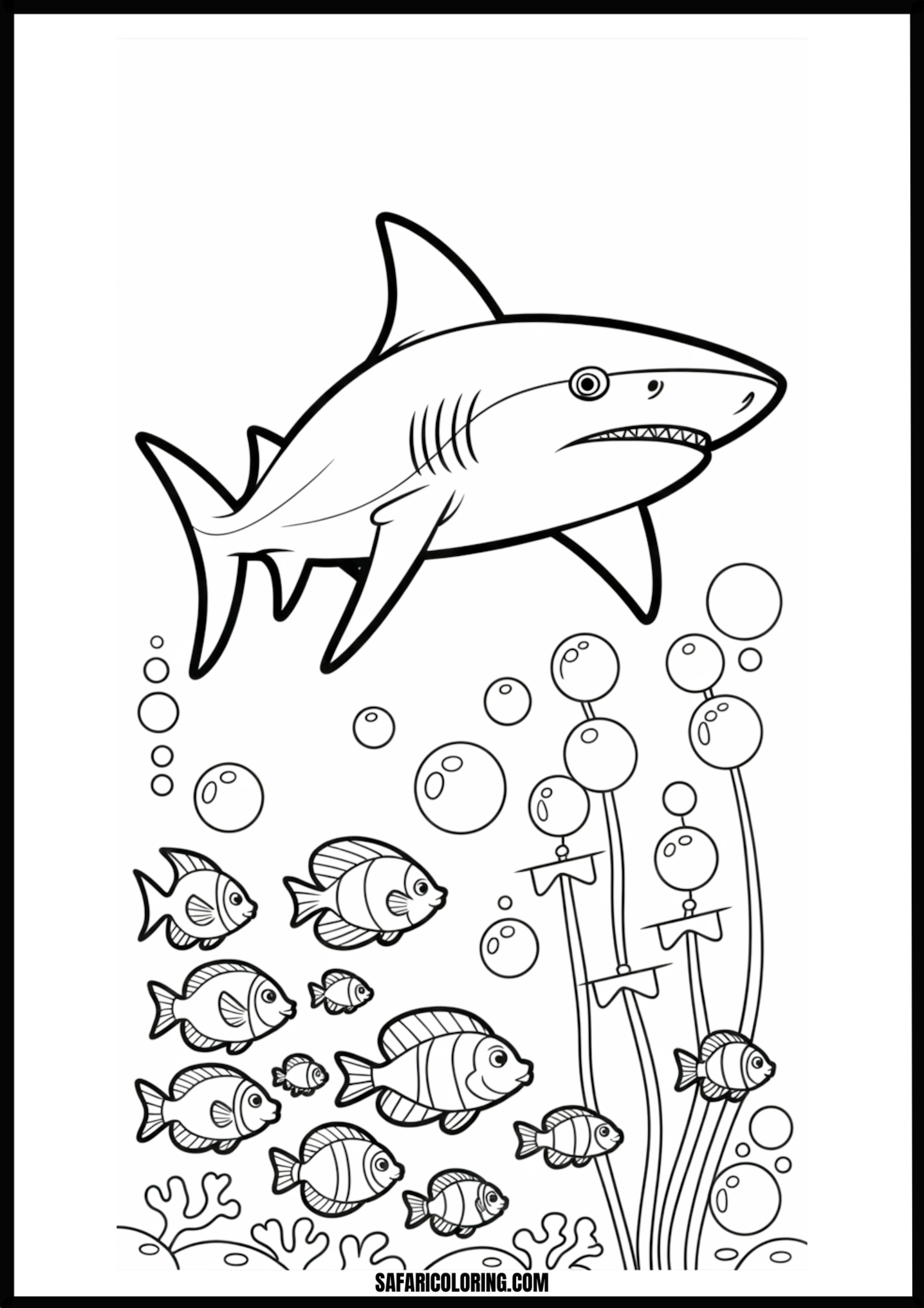 Big Shark and Little Fish Underwater Coloring Page Big shark with little fish underwater