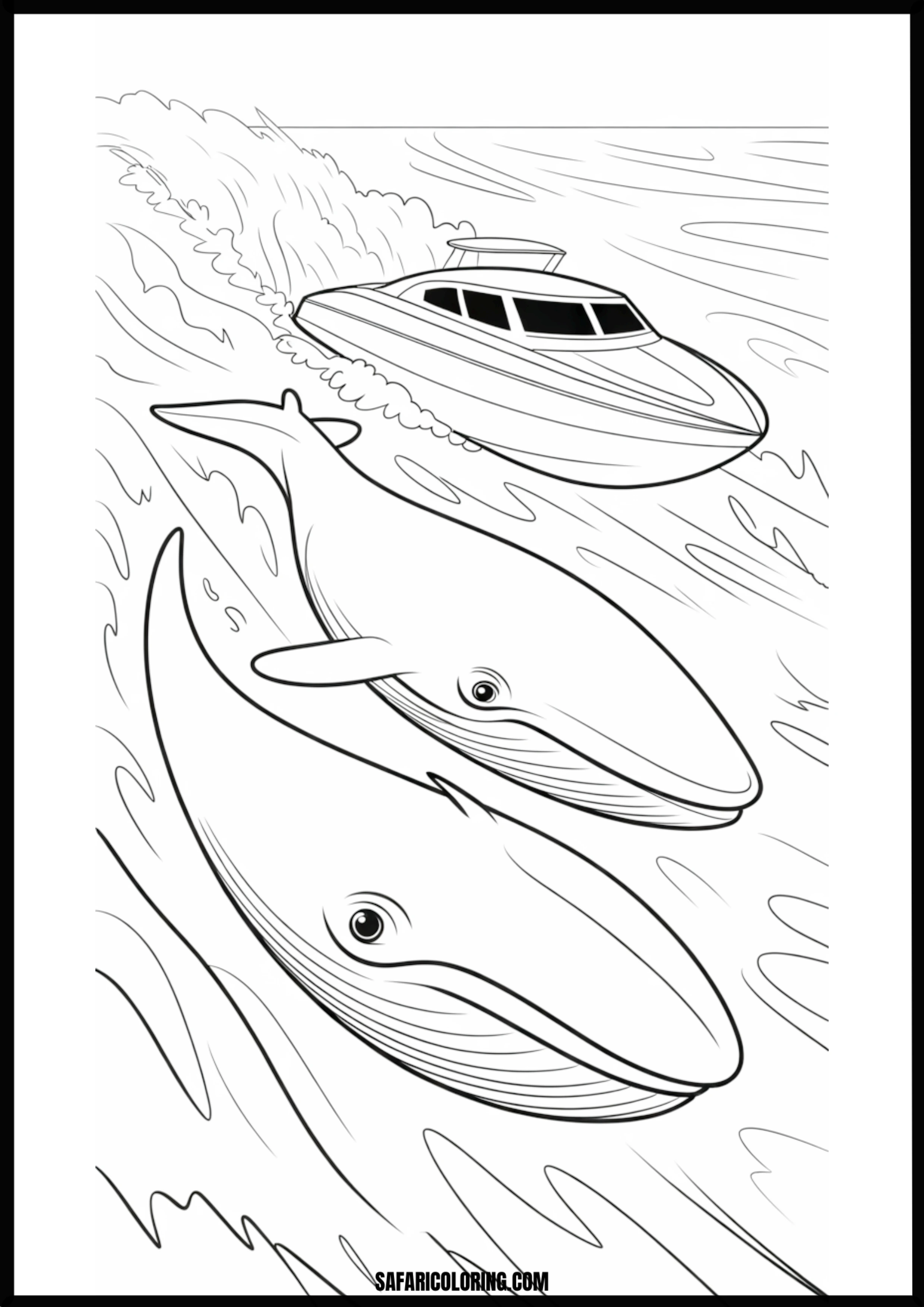 Boat and Whales Ocean Adventure Coloring Page Coloring page of a boat sailing near playful whales in the ocean.