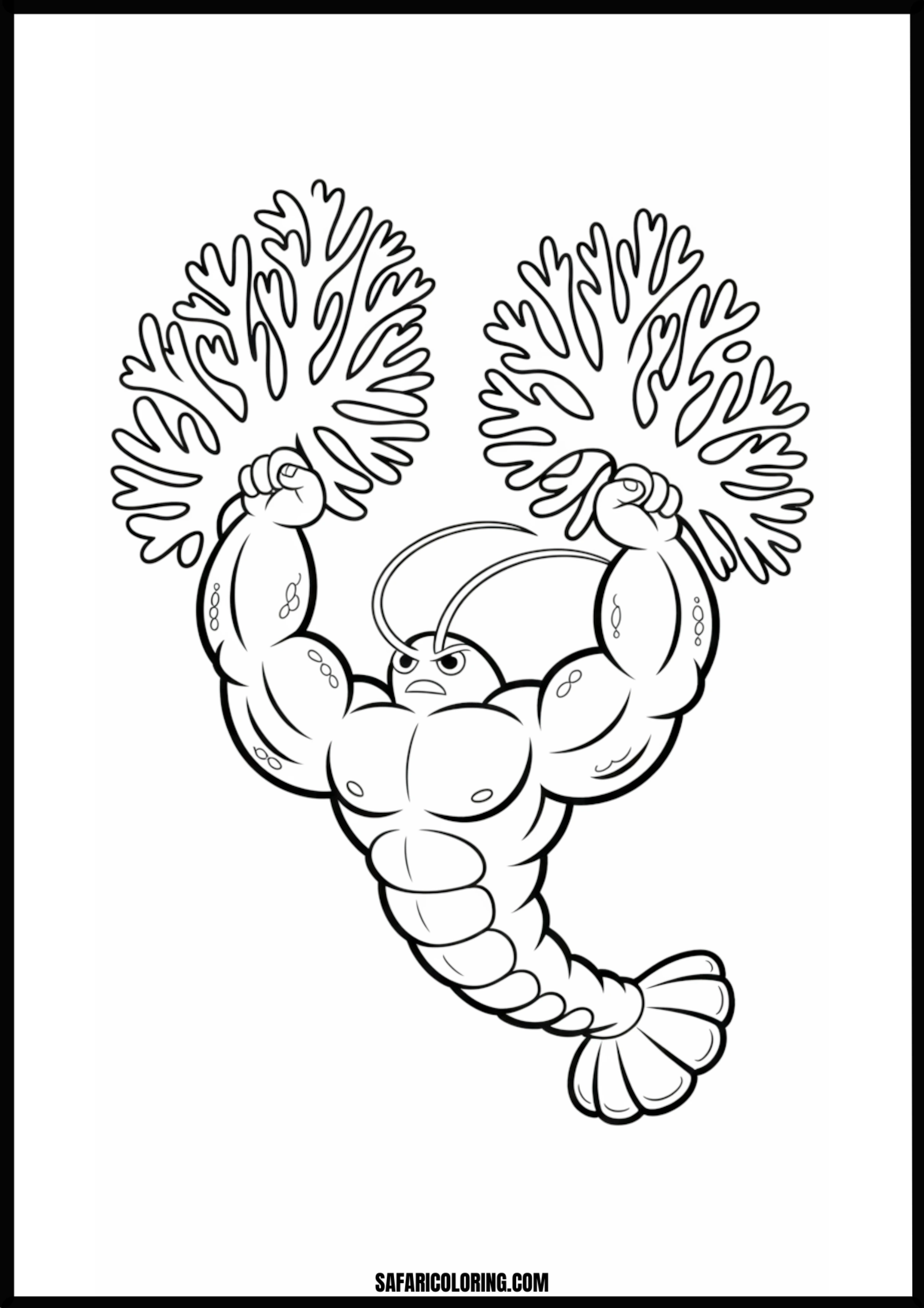 Color the Muscular Lobster and Coral A cartoon bodybuilding lobster flexing its muscles next to vibrant coral.