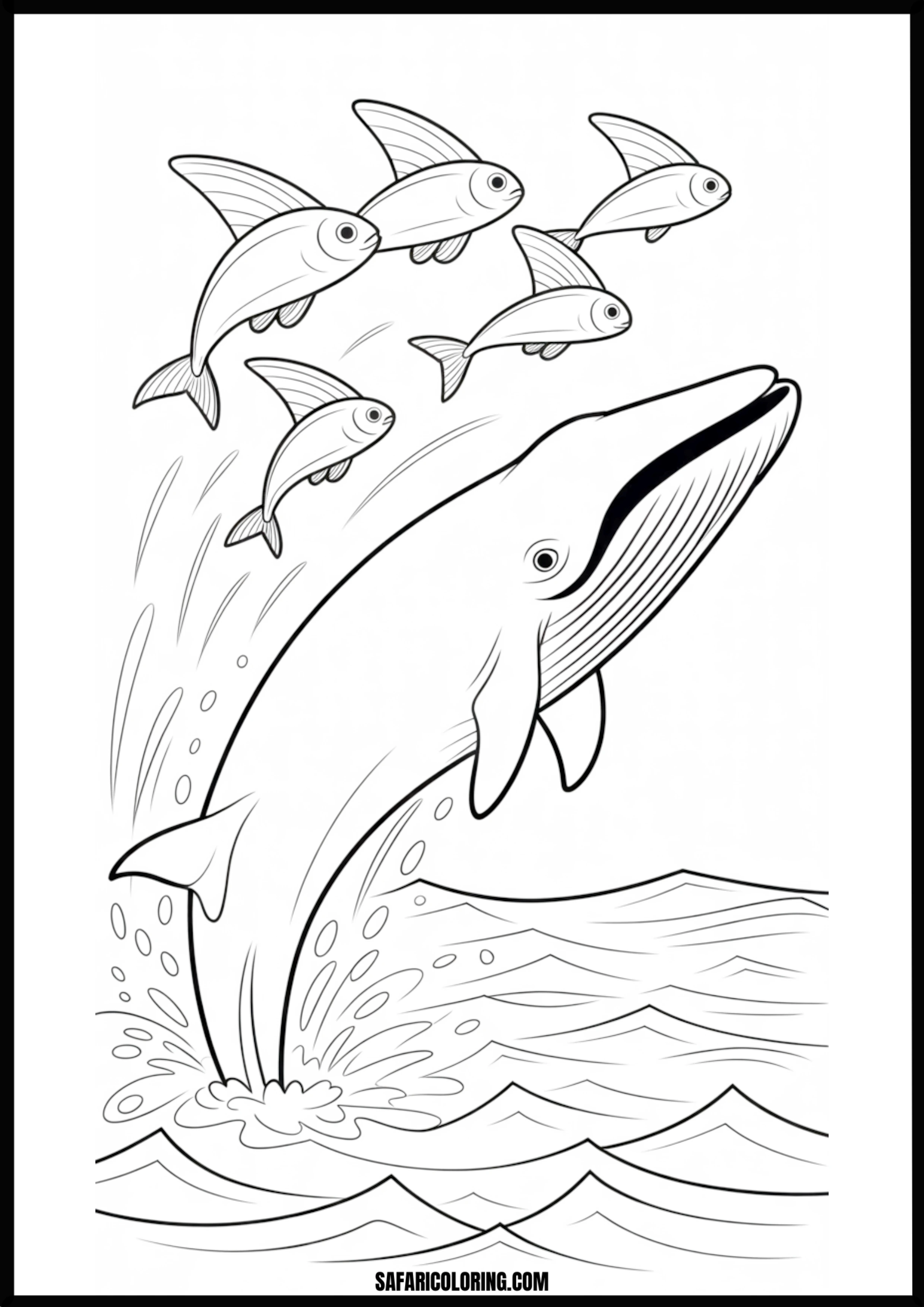 Dynamic Breaching Whale and Fish Coloring Sheet Coloring page of a whale breaching from the water surrounded by fish.