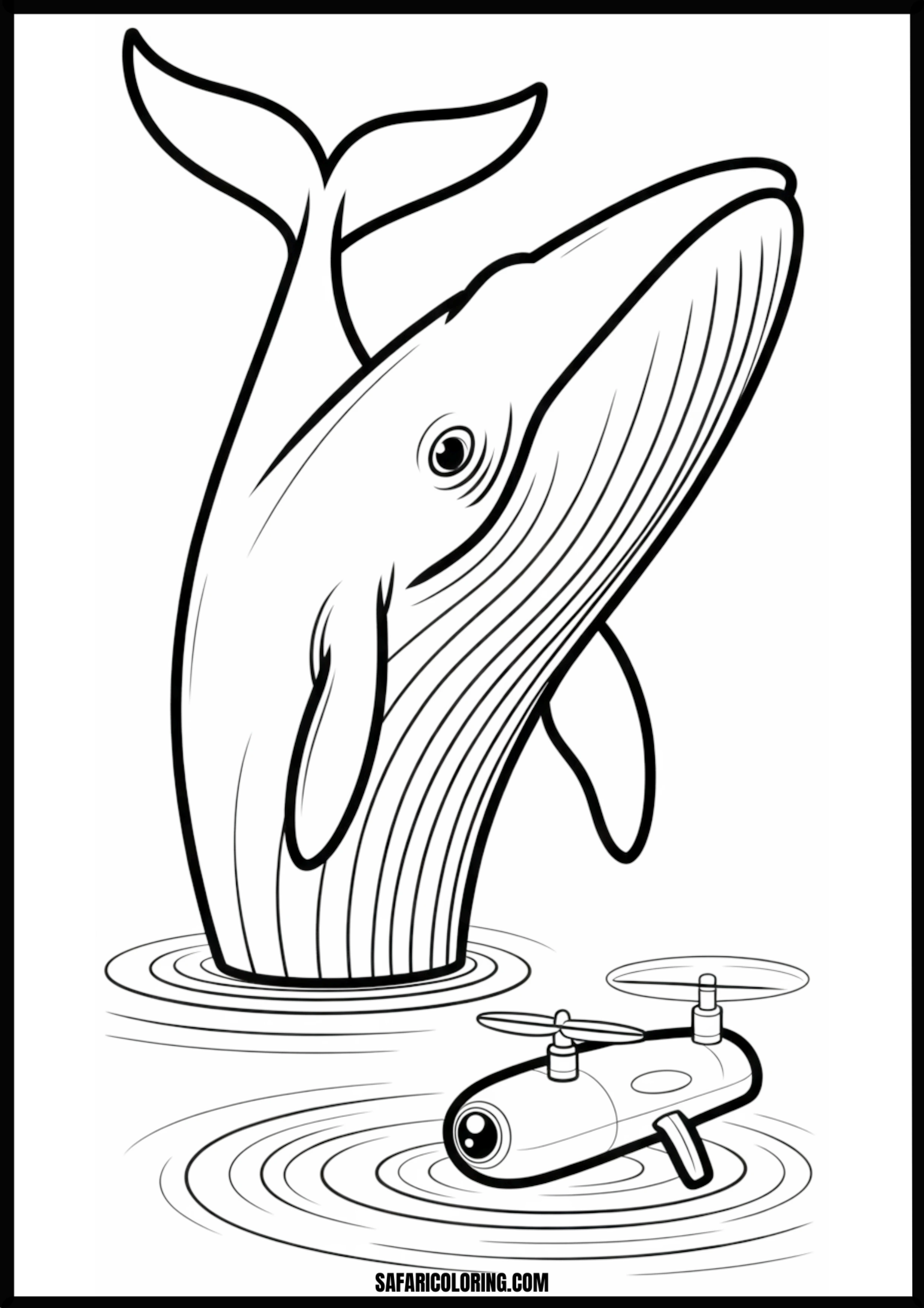 Modern Breaching Whale and Water Drone Coloring Page Coloring page of a whale breaching near a water drone.
