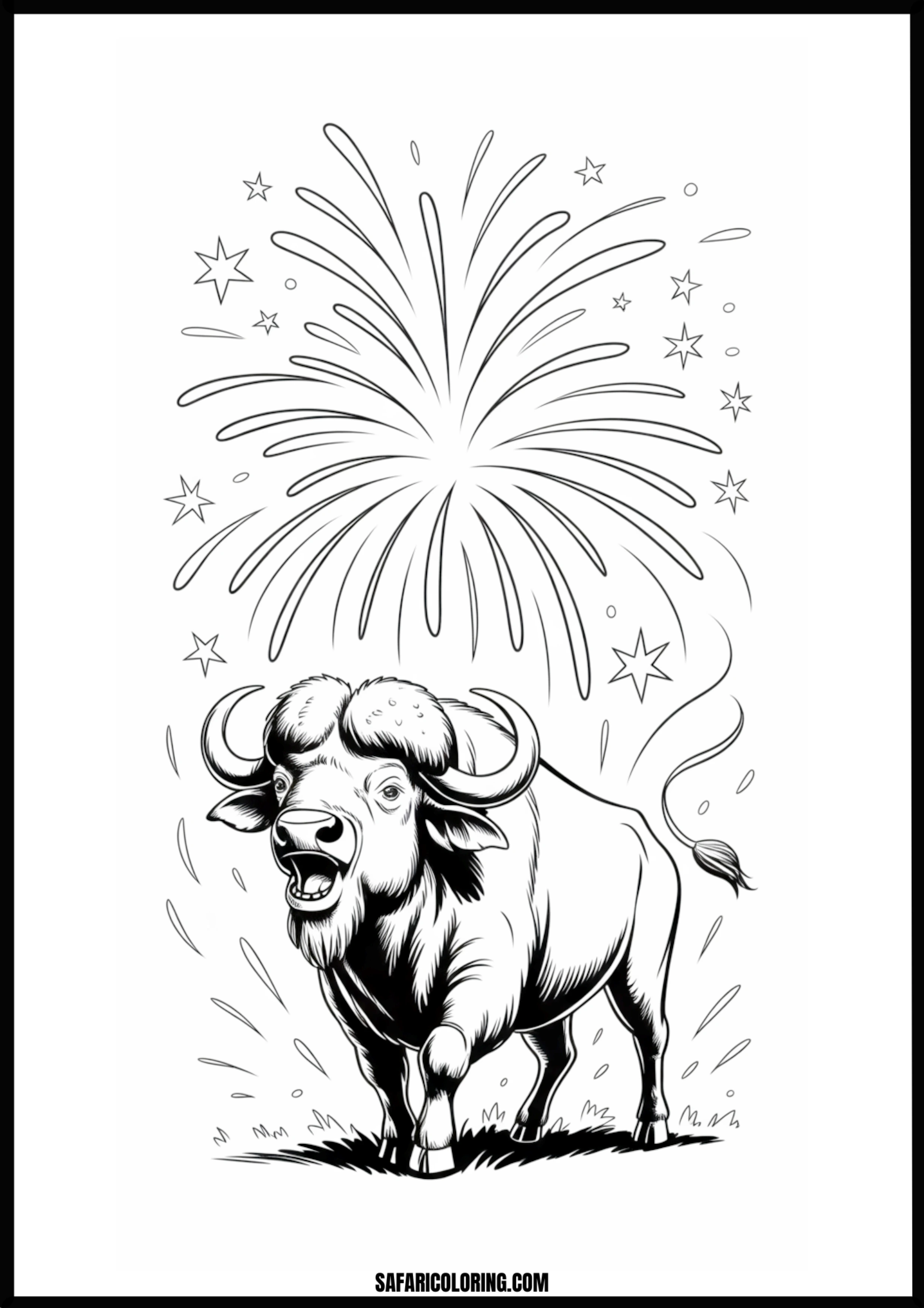 Buffalo roaring amidst fireworks and stars coloring page