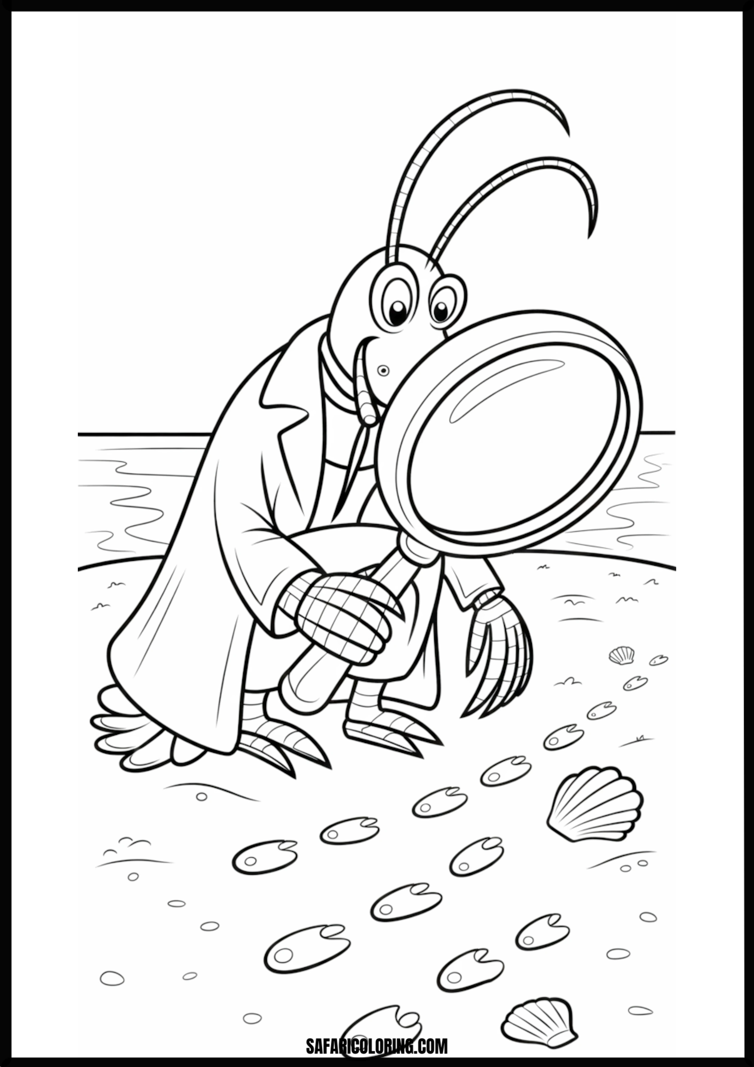 Color the Bug Detective on the Beach A cartoon bug detective with a magnifying glass investigating footprints on a beach.