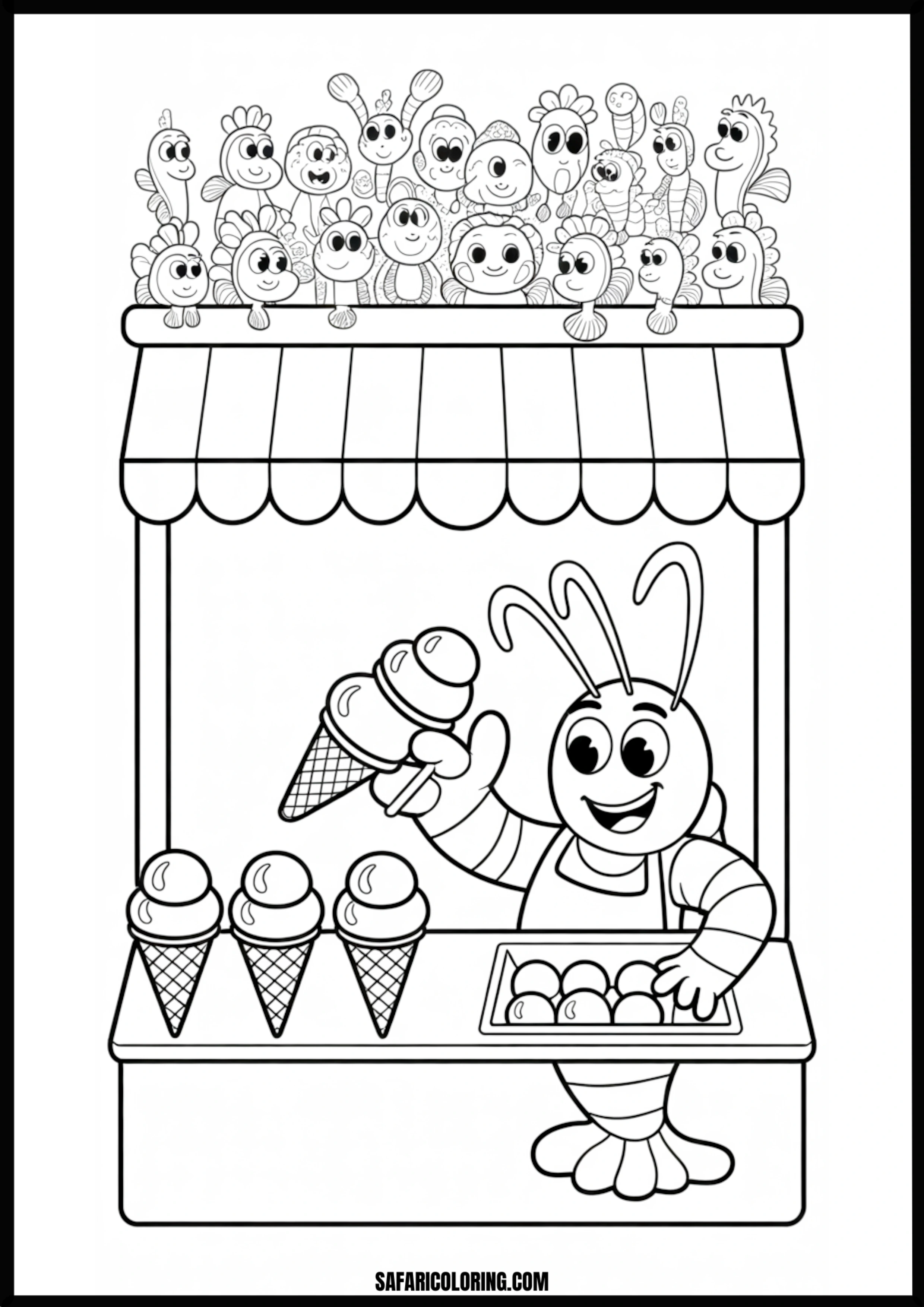 Color the Bug Selling Ice Cream A cartoon bug selling ice cream to a happy crowd.