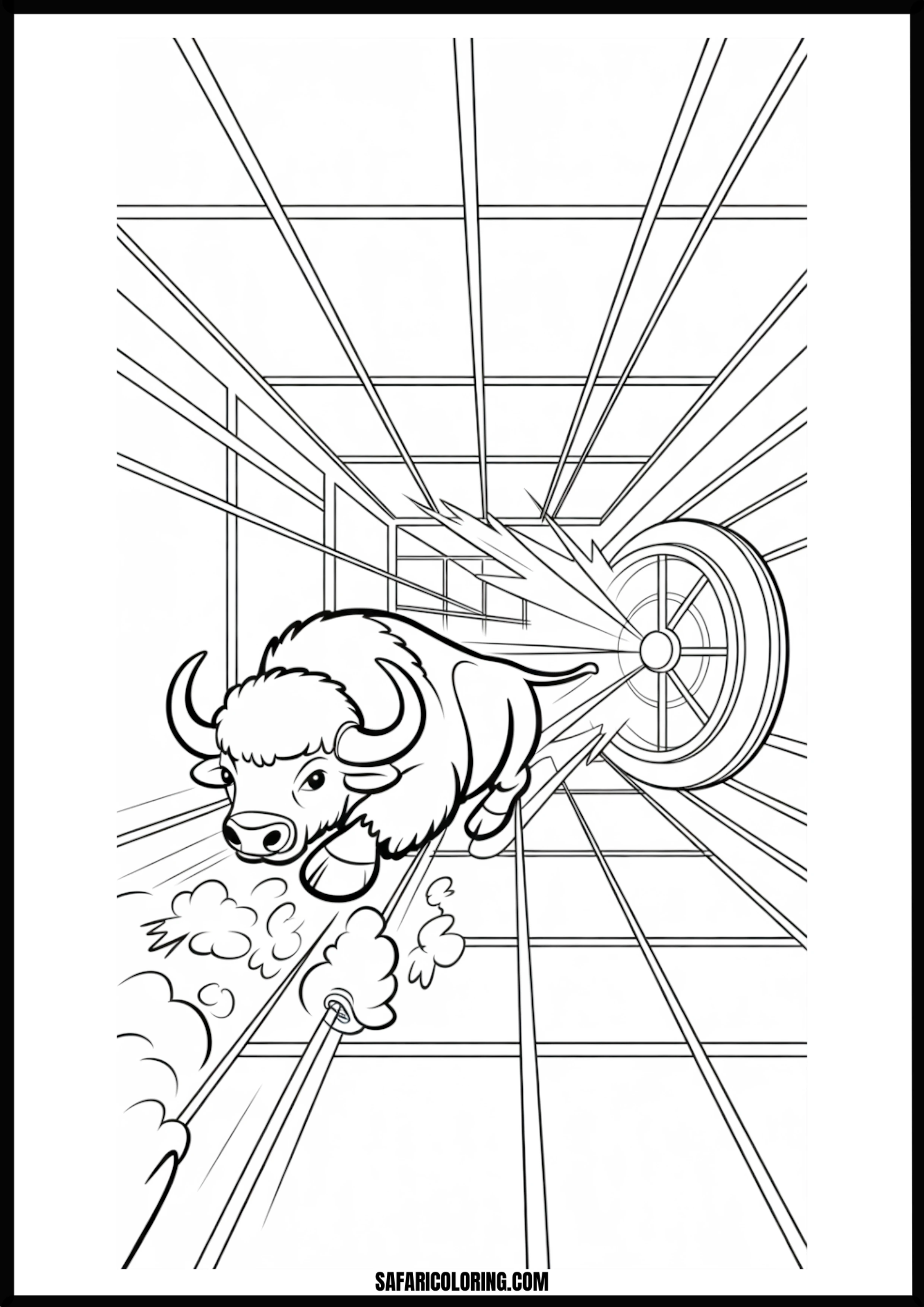 Bull charging towards a glowing light coloring page