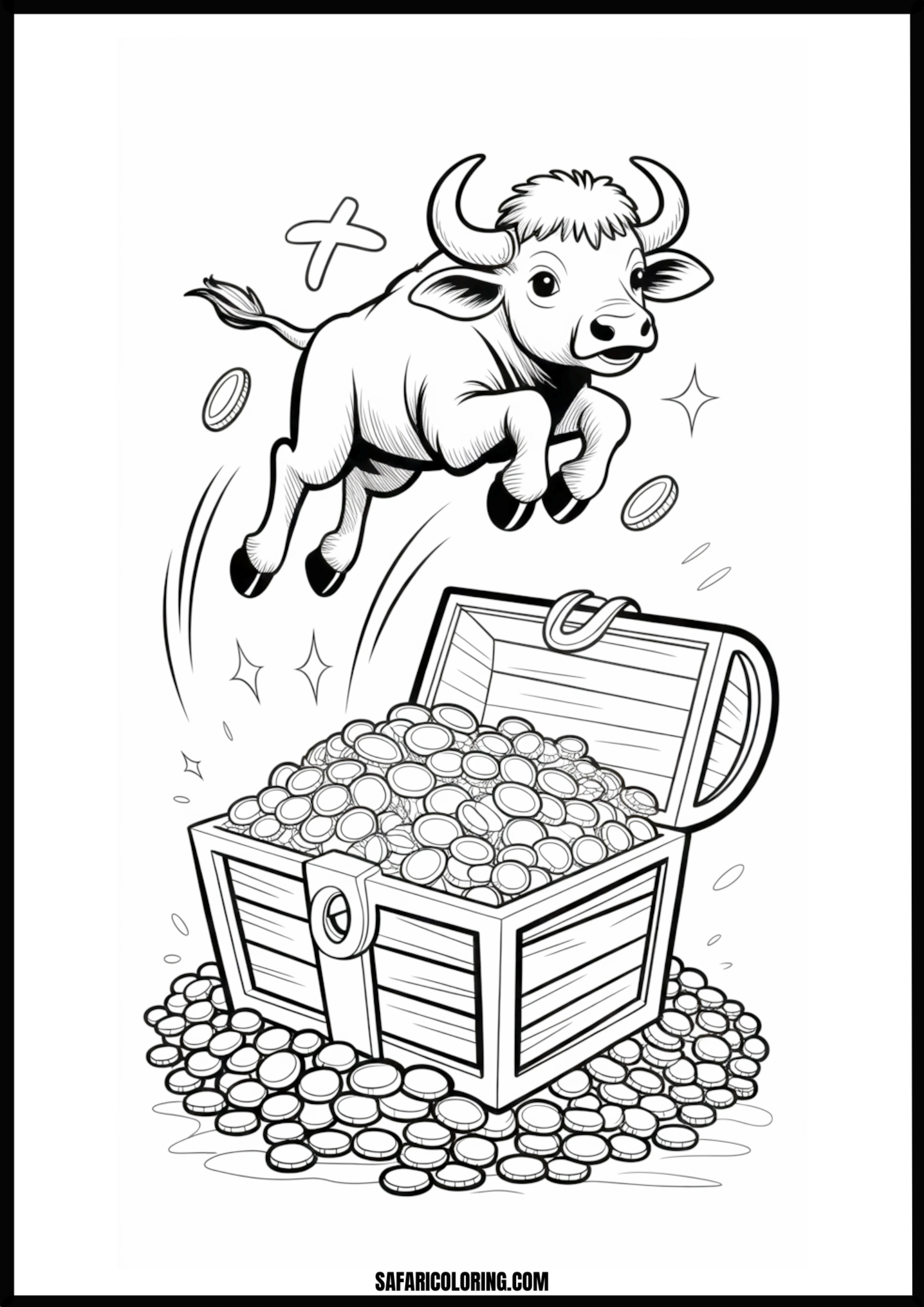 Bull jumping over a golden treasure chest coloring page