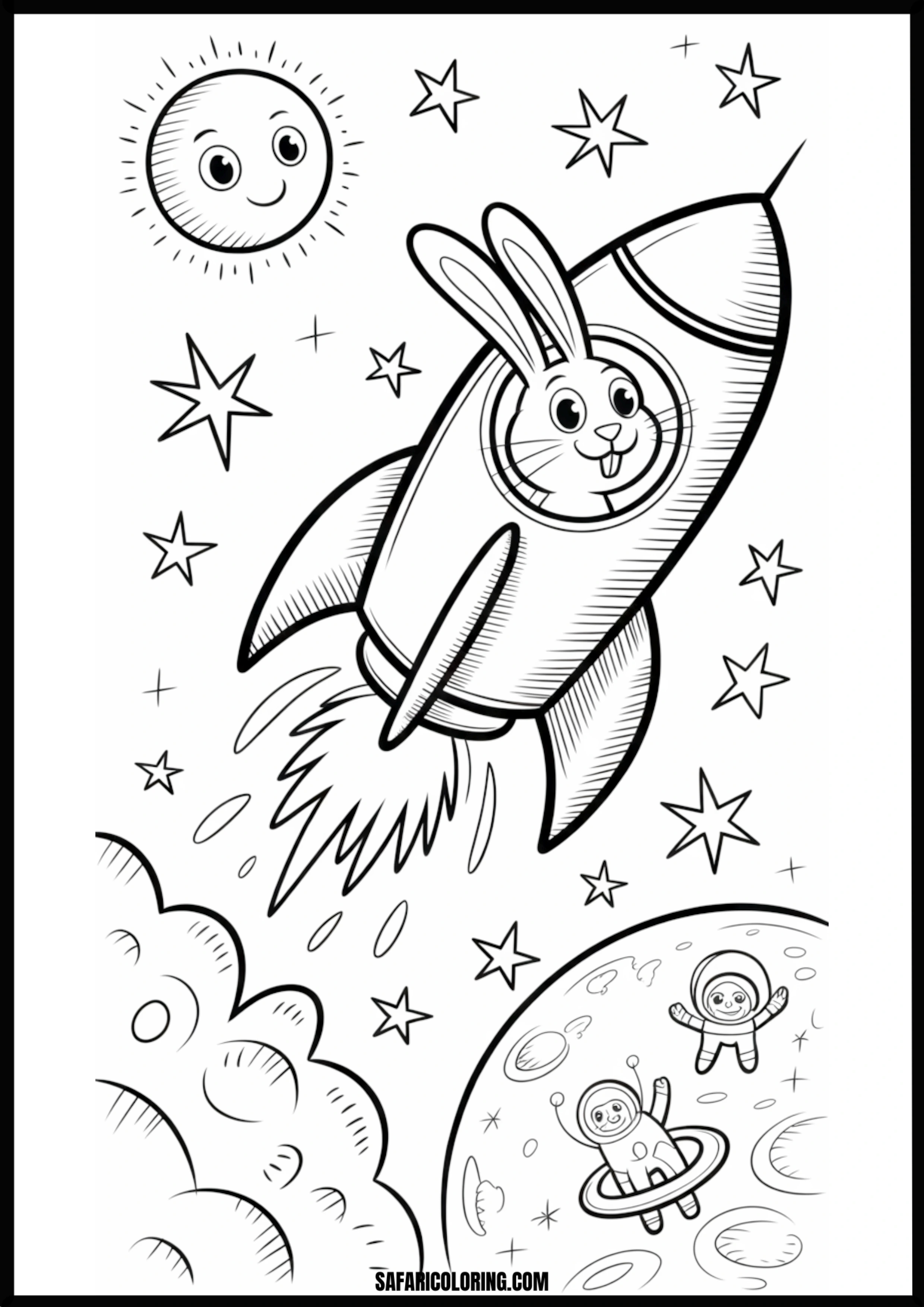 Cartoon bunny in a rocket blasting off to space.