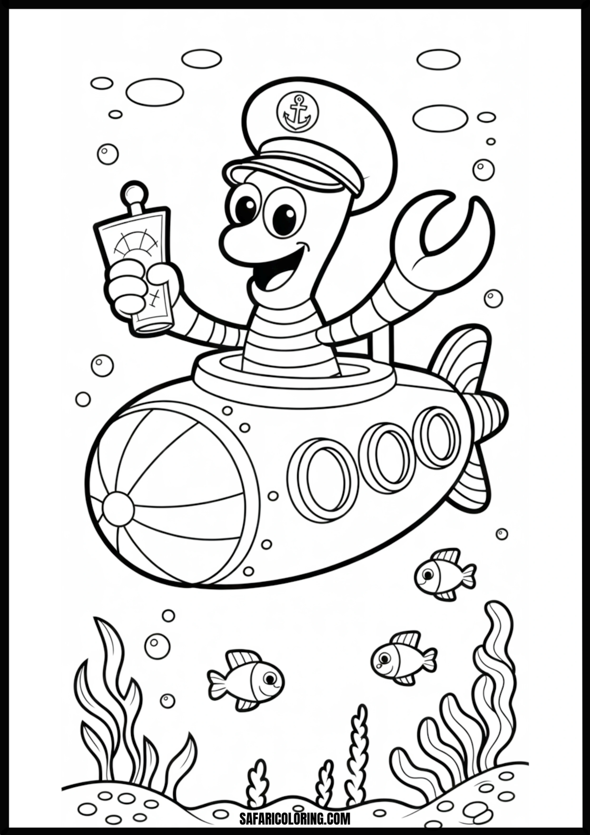 Color Captain Worm's Submarine Adventure A cartoon Captain Worm piloting a submarine underwater.