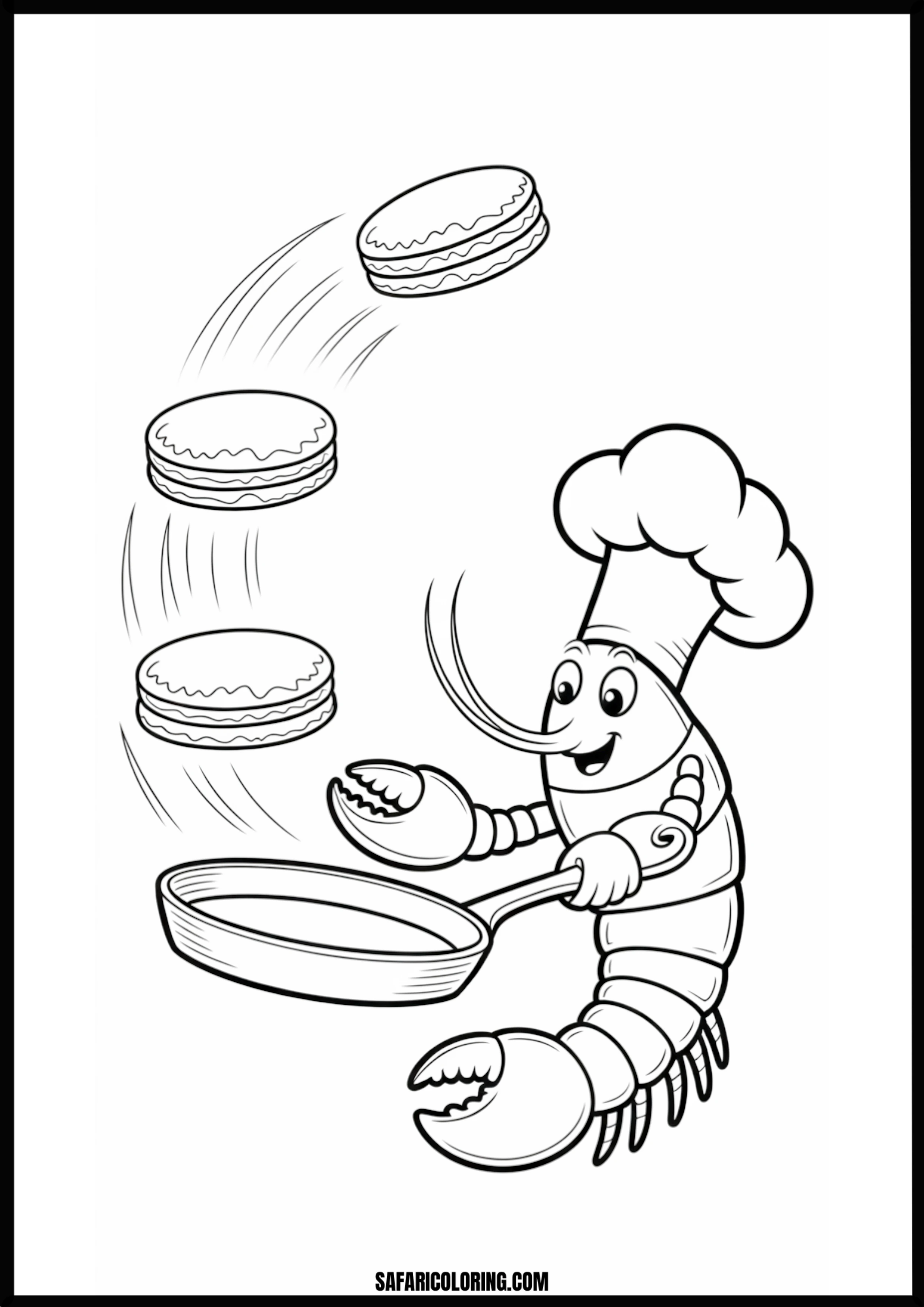 Color the Lobster Chef Juggling Pancakes A cartoon lobster chef juggling pancakes in a kitchen.