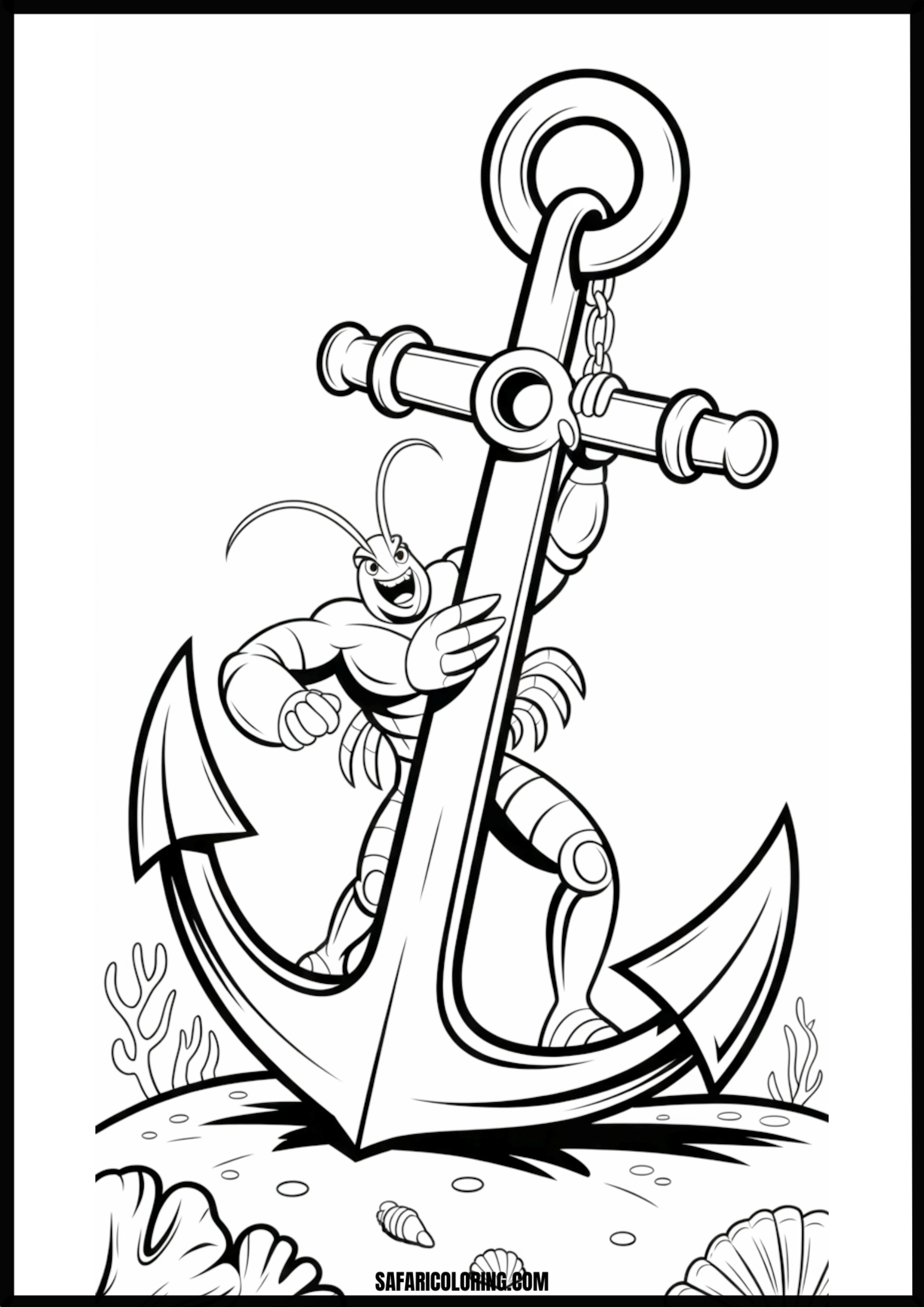Color the Lobster Holding an Anchor A cartoon lobster holding an anchor underwater.