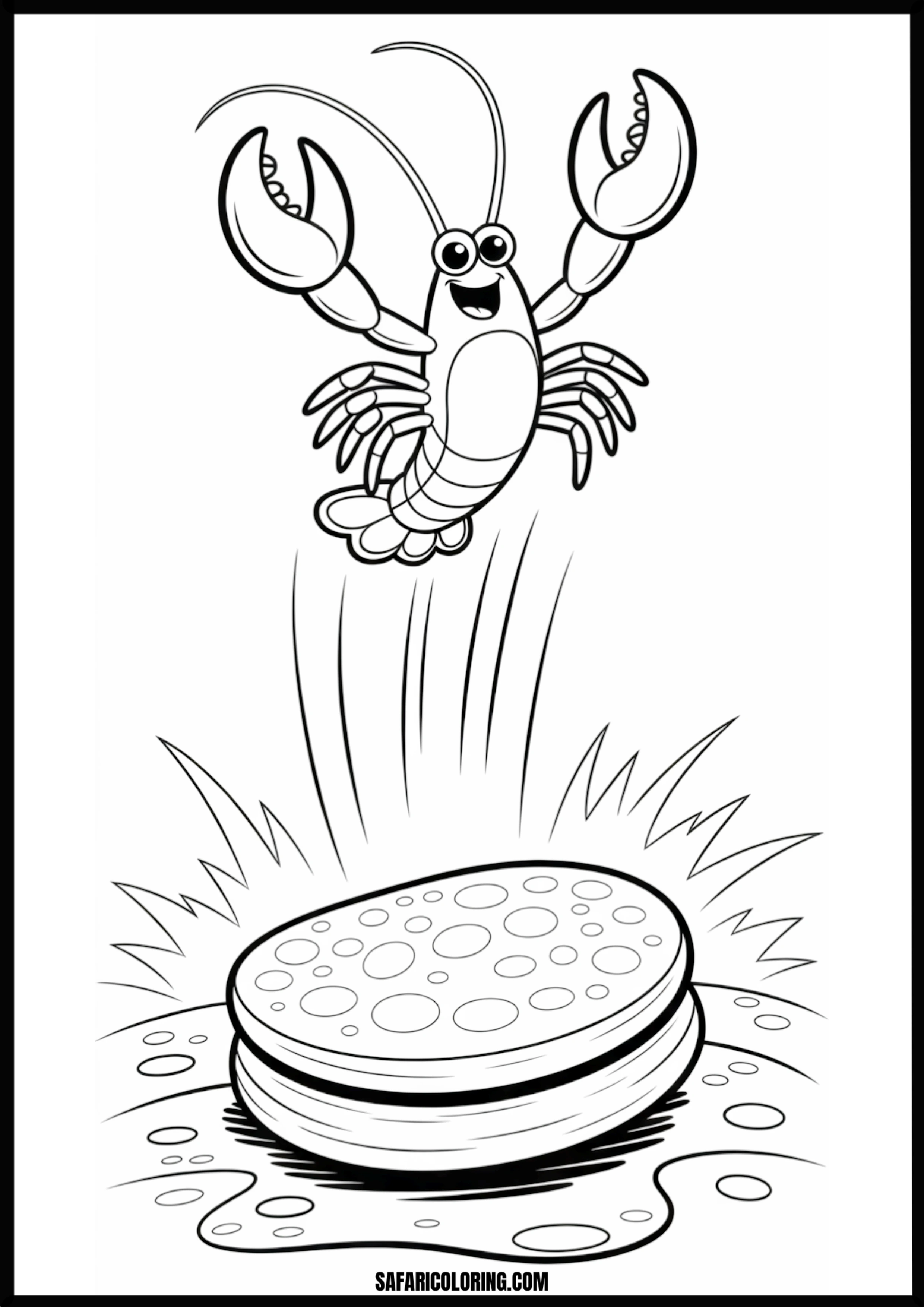 Color the Lobster Jumping on a Sponge A cartoon lobster jumping on a bubbly sponge.