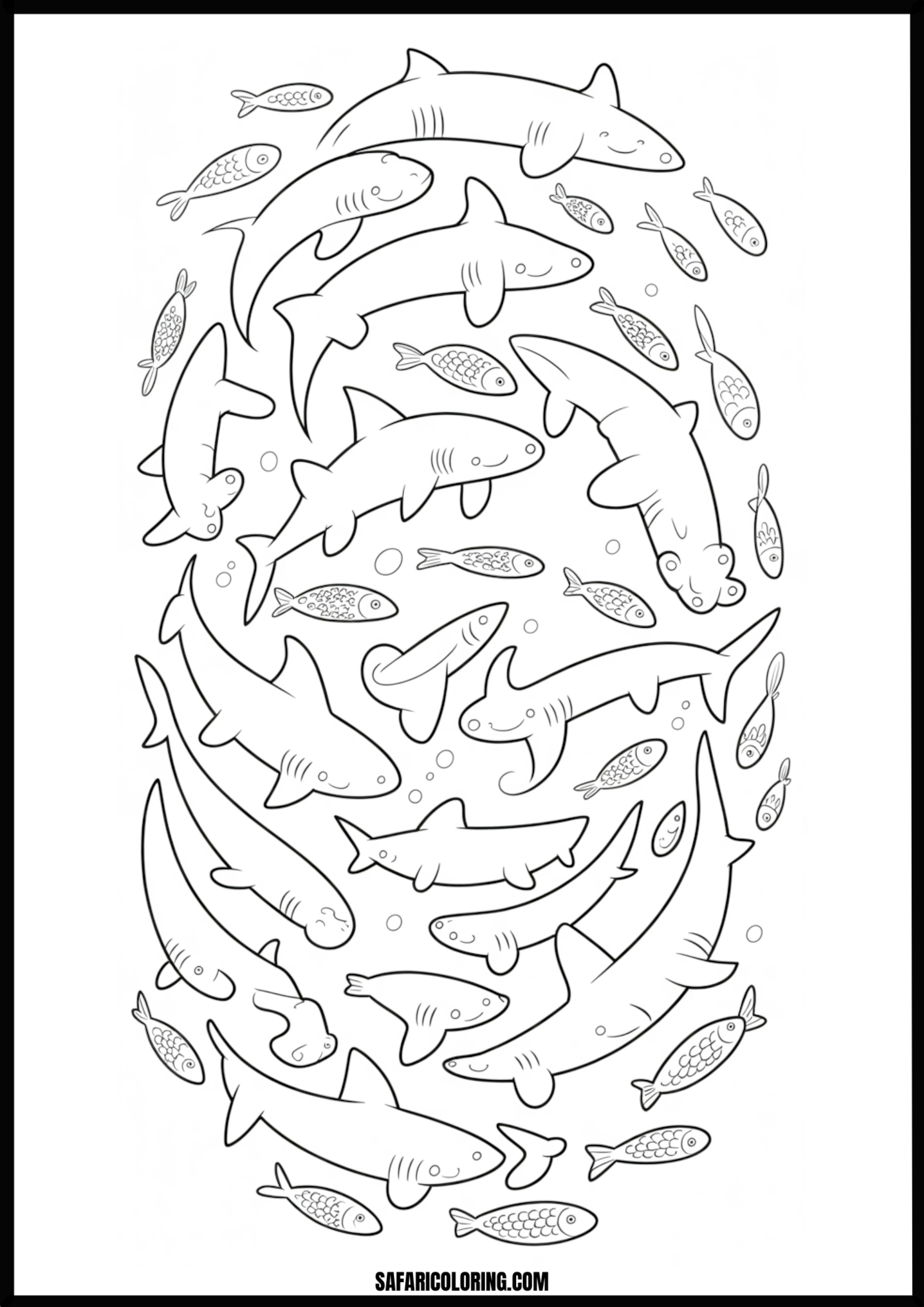 Cartoon Sharks and Fish Swarm Coloring Page Cartoon sharks and fish swarm together