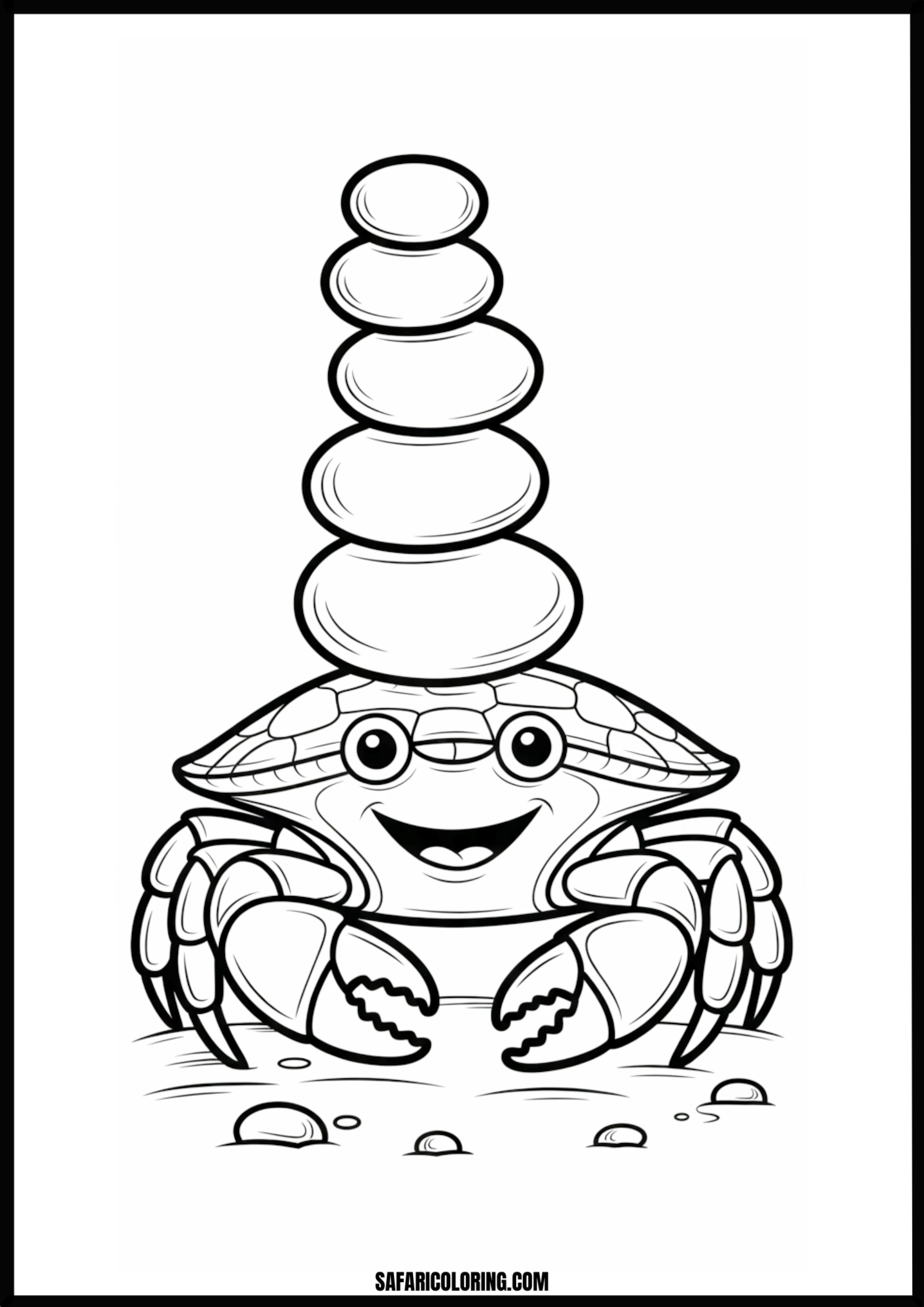 Peaceful Crab Zen Stones Coloring A cartoon crab balancing a stack of smooth zen stones on its back, in a peaceful pose.