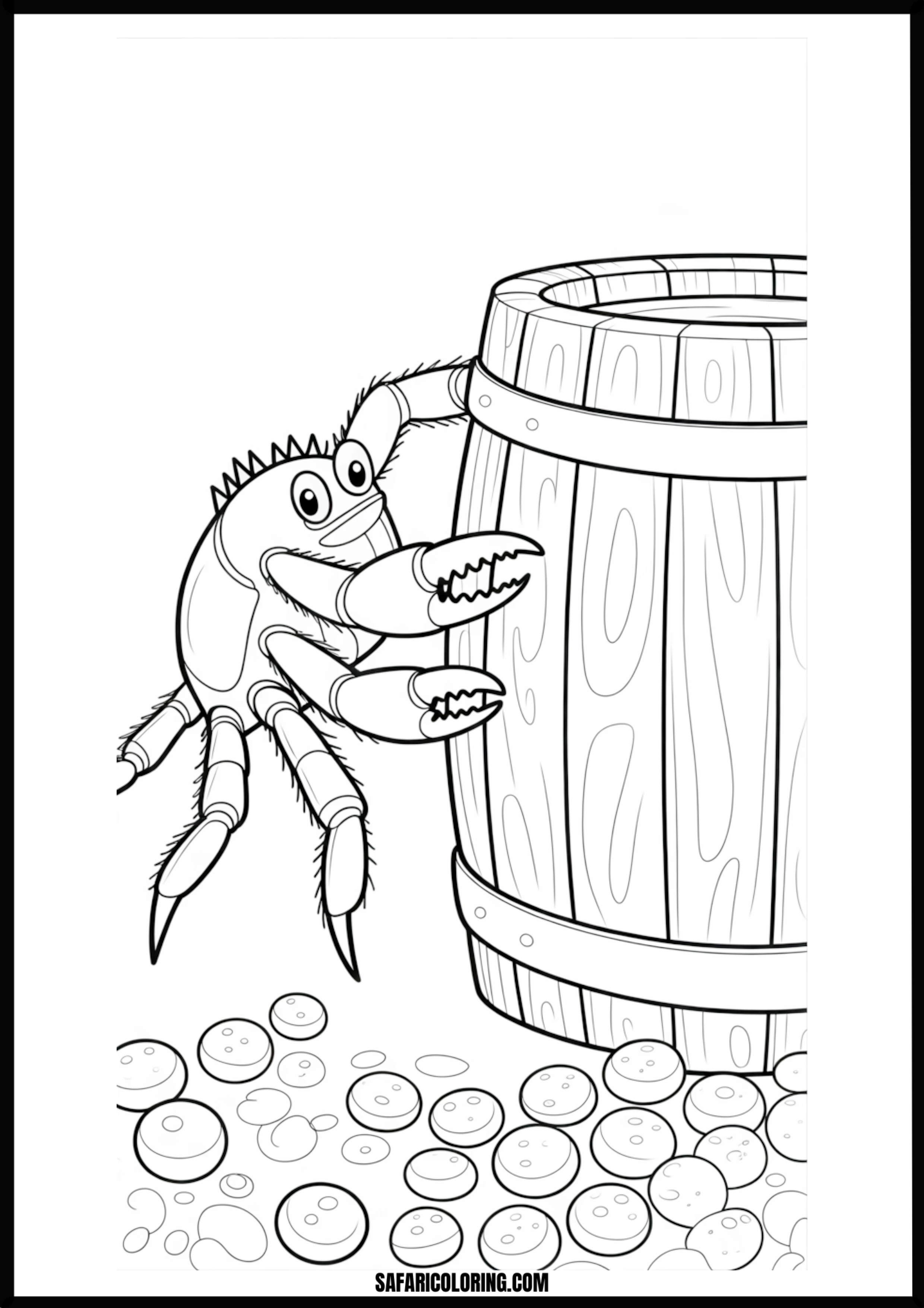 Relaxing Crab Barrel Coloring A cartoon crab leaning casually against a wooden barrel, perhaps on a dock or beach.