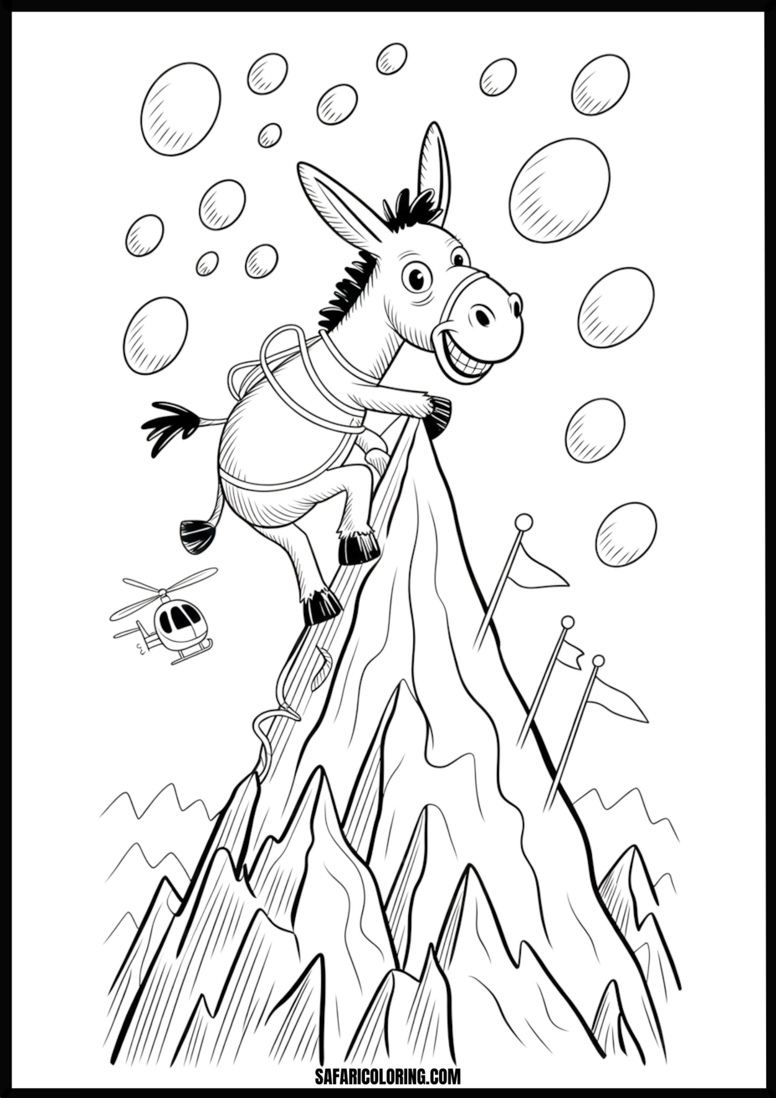 Cartoon donkey climbing a steep mountain path with a backpack.