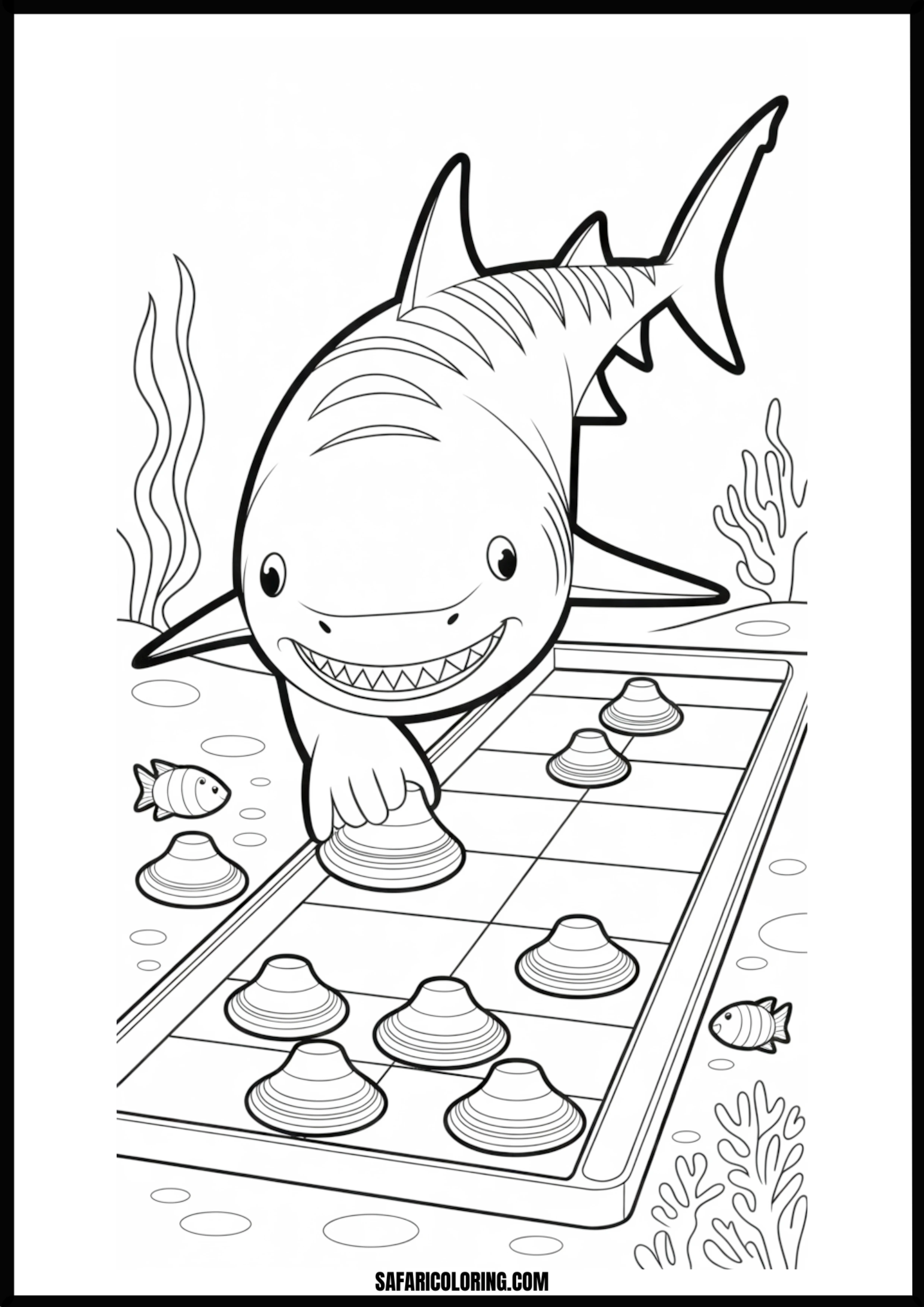 Cartoon Shark Shell Board Game Coloring Page Cartoon shark playing a shell board game underwater