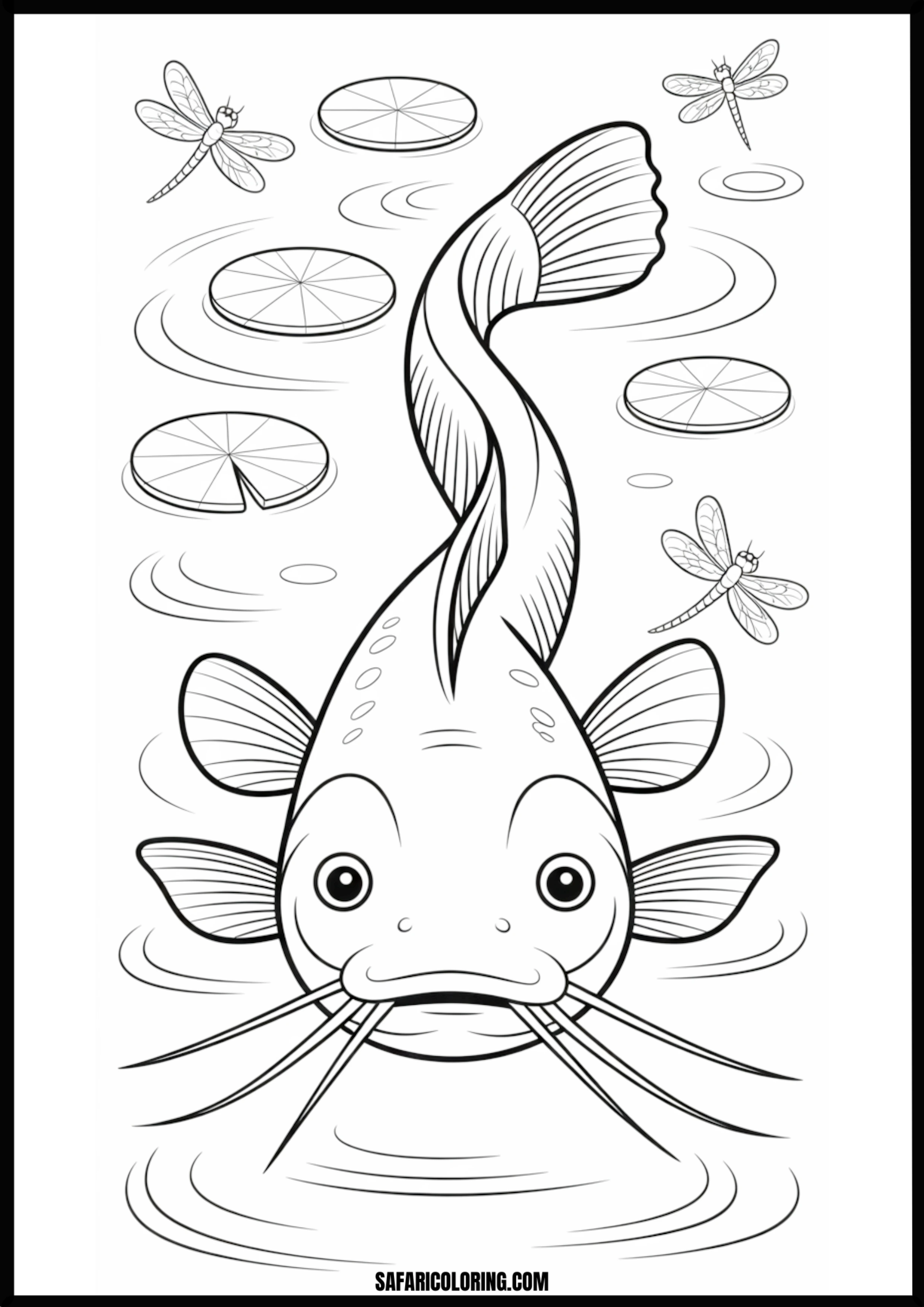 Catfish with Lily Pads and Dragonflies Coloring Page A catfish swimming amongst lily pads with dragonflies flying above.
