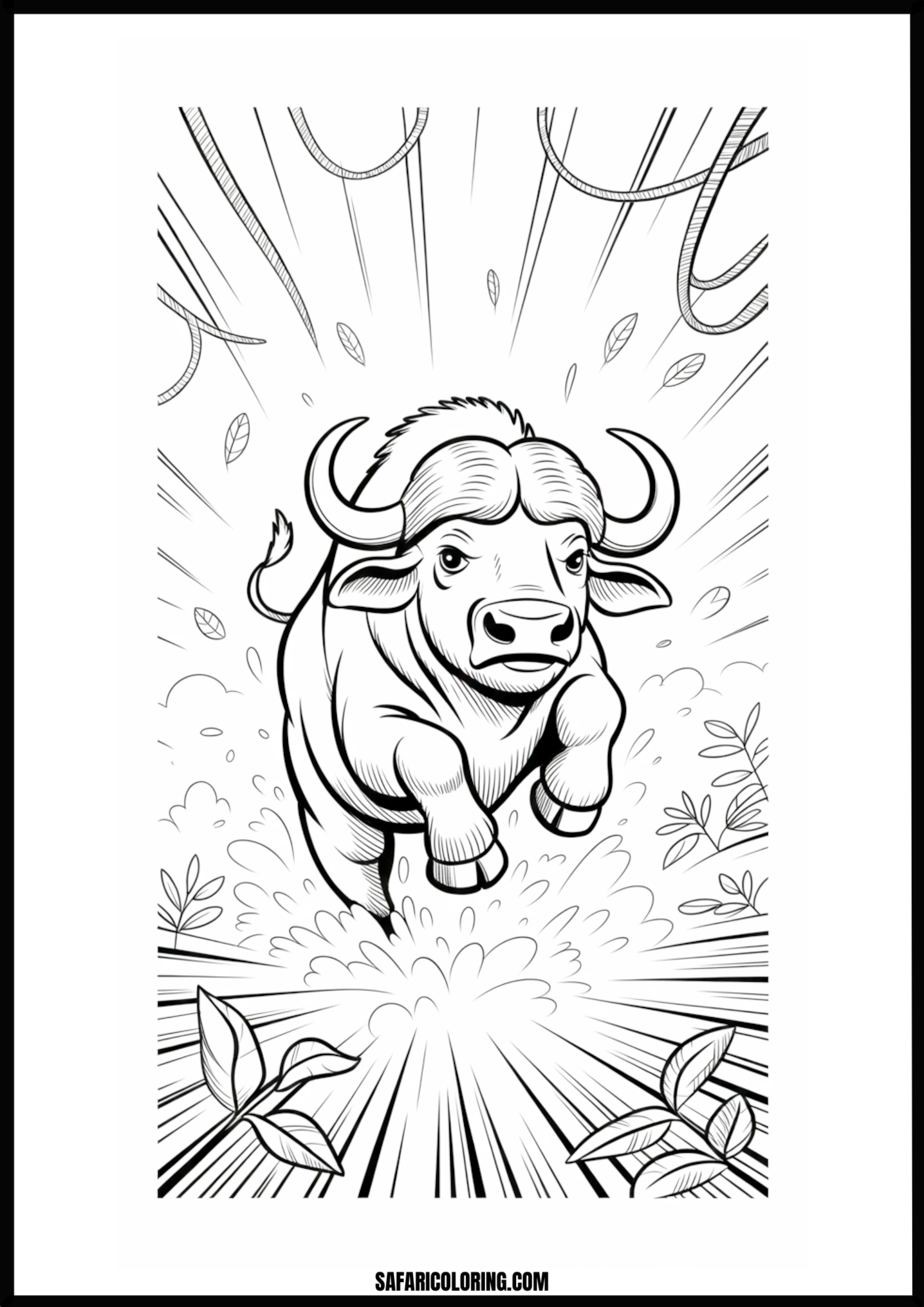 Charging safari buffalo in a dynamic pose coloring page