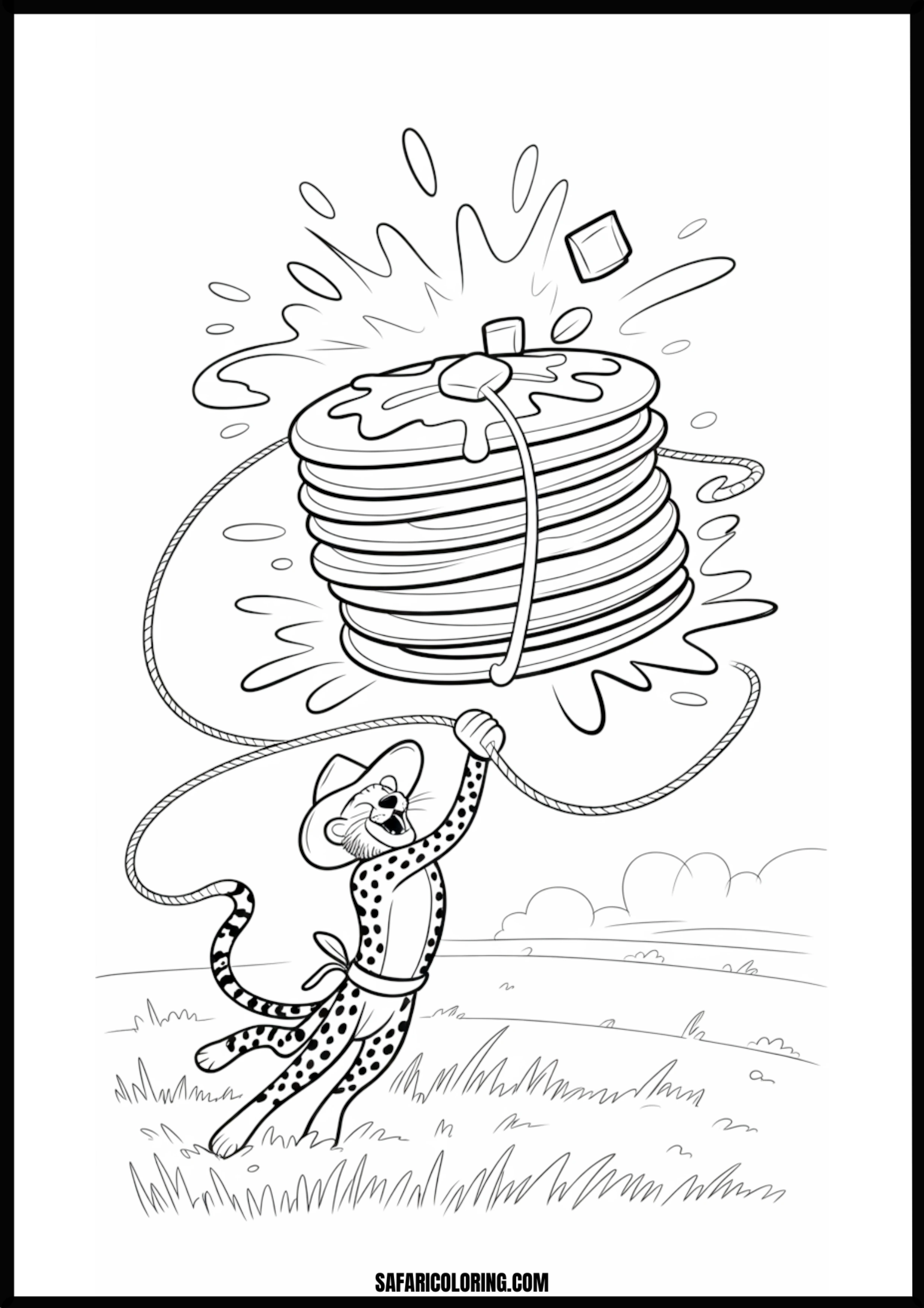 Cartoon cowboy cheetah lassoing a stack of giant pancakes.