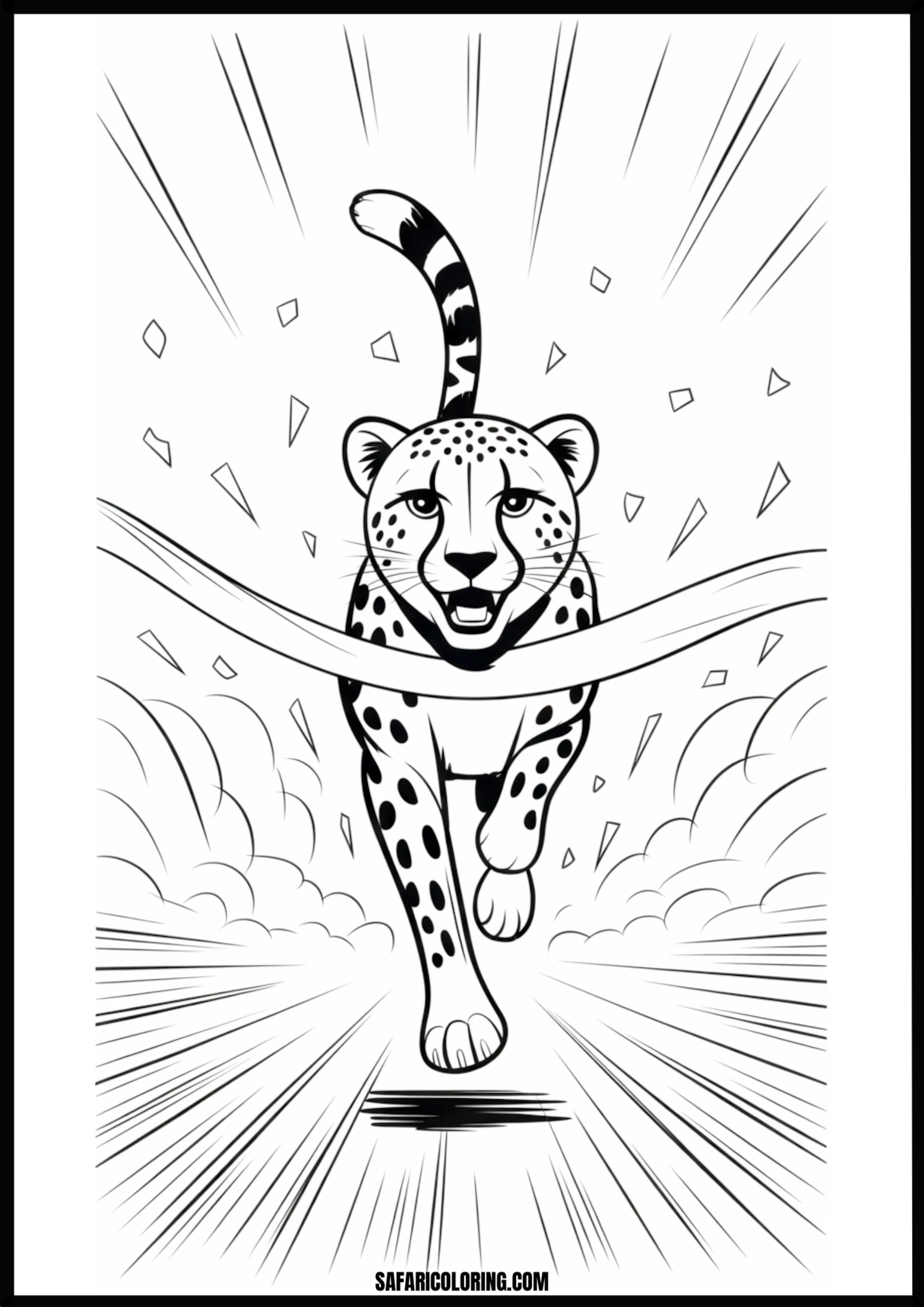 Cartoon cheetah speeding through a finish line, confetti flying.