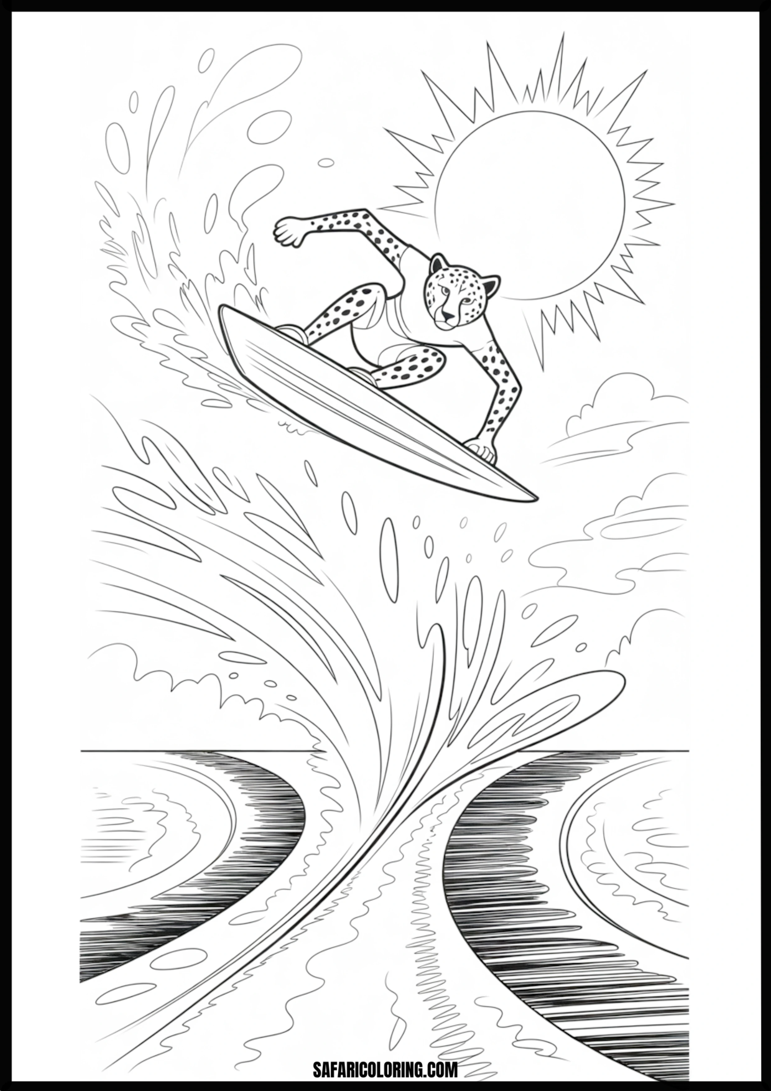 Cartoon cheetah on a surfboard riding a big ocean wave.