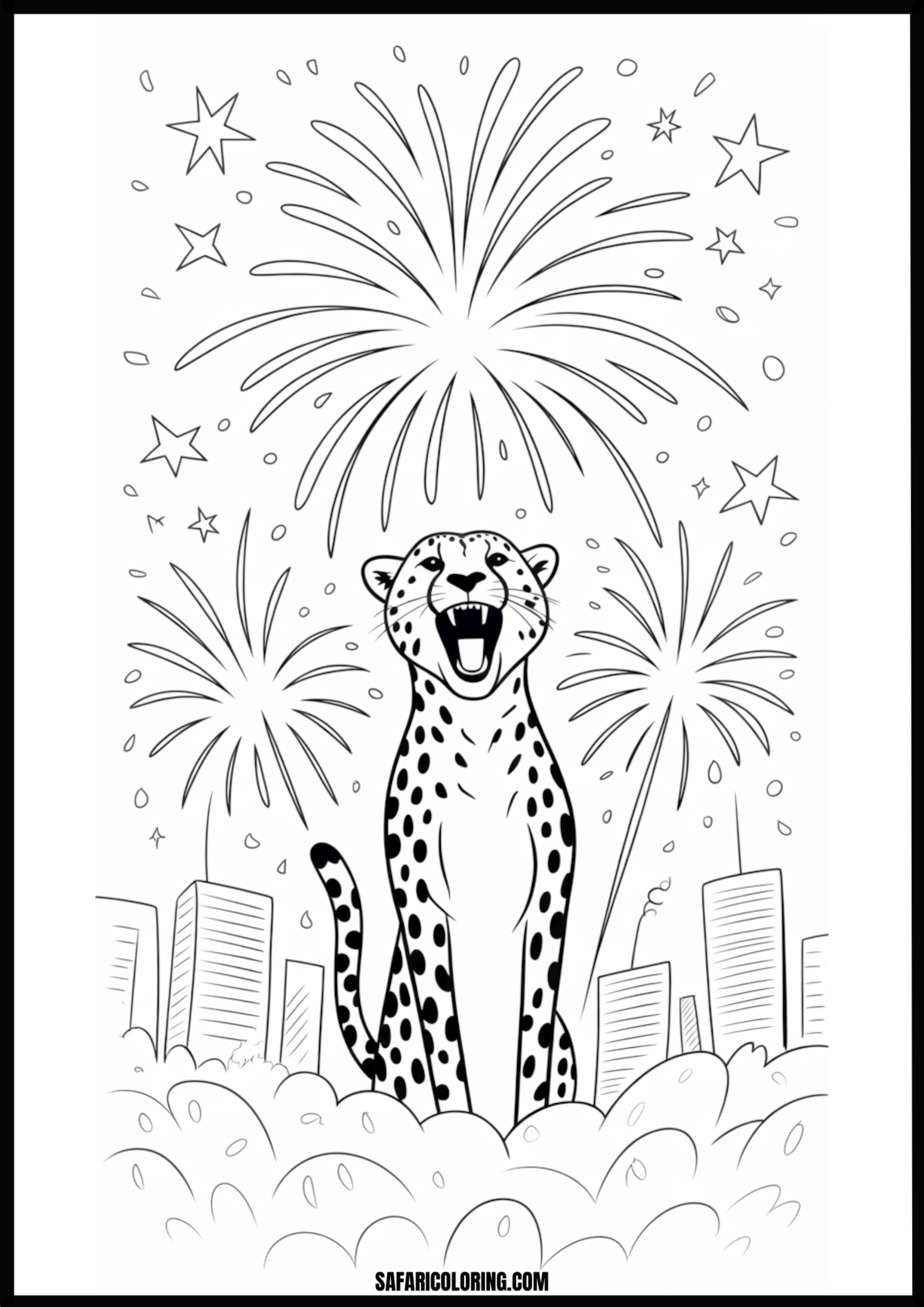 Cartoon cheetah roaring happily with fireworks exploding over a city skyline.