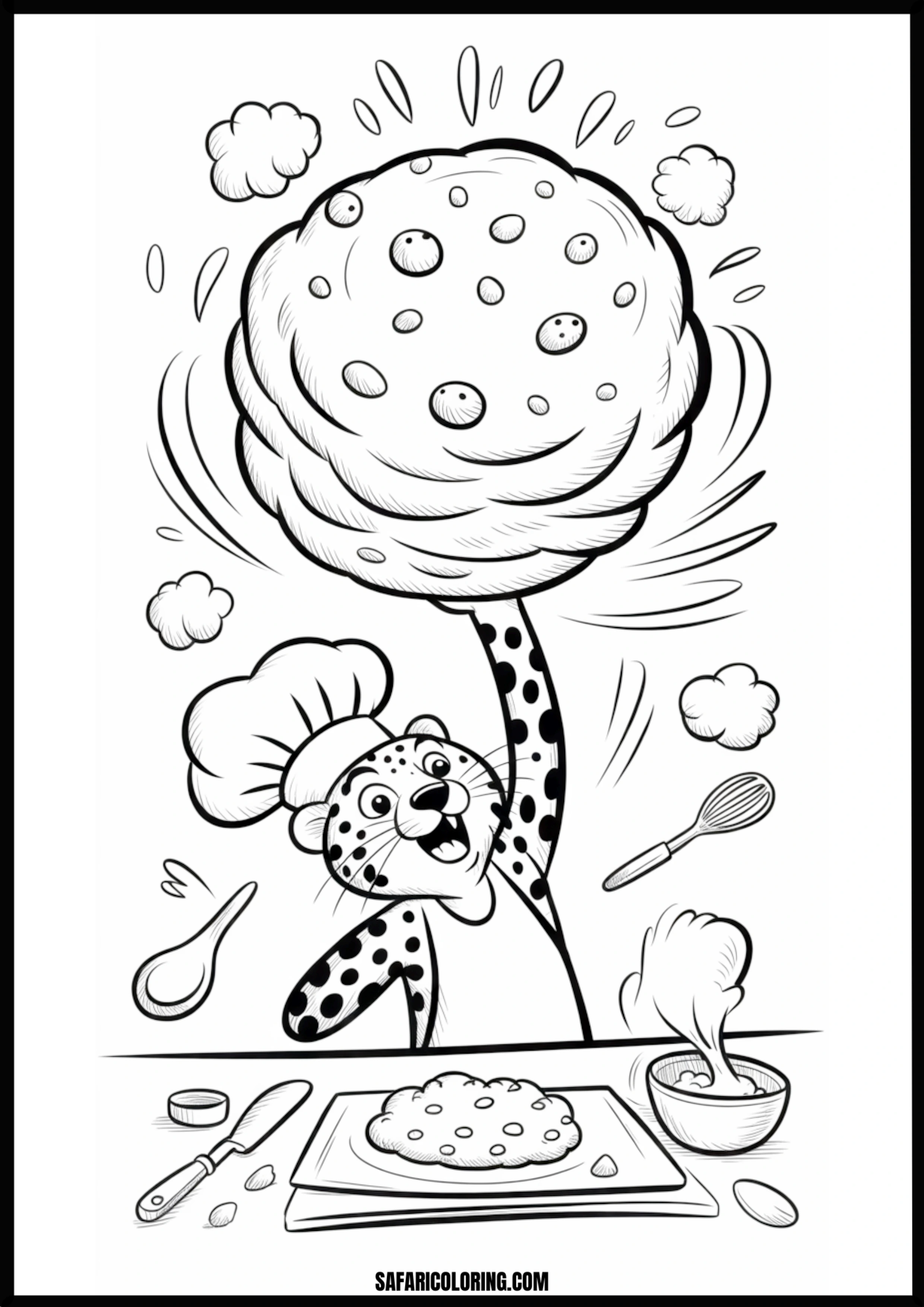 Cartoon chef leopard wearing a hat, baking a huge cookie.