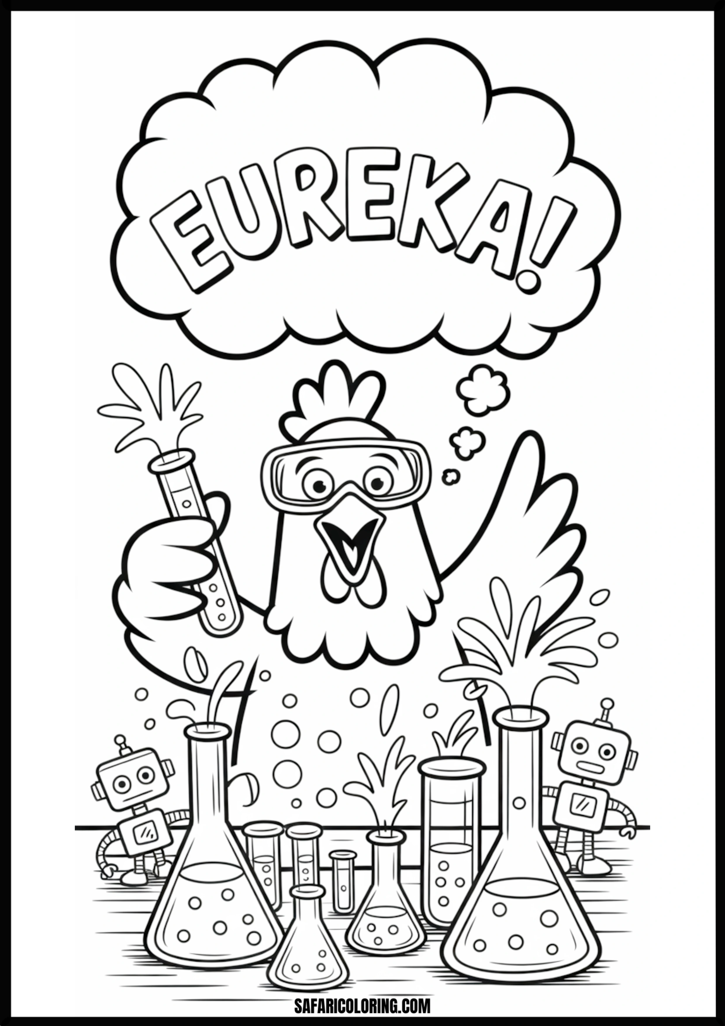 Chicken scientist having a eureka moment in a lab
