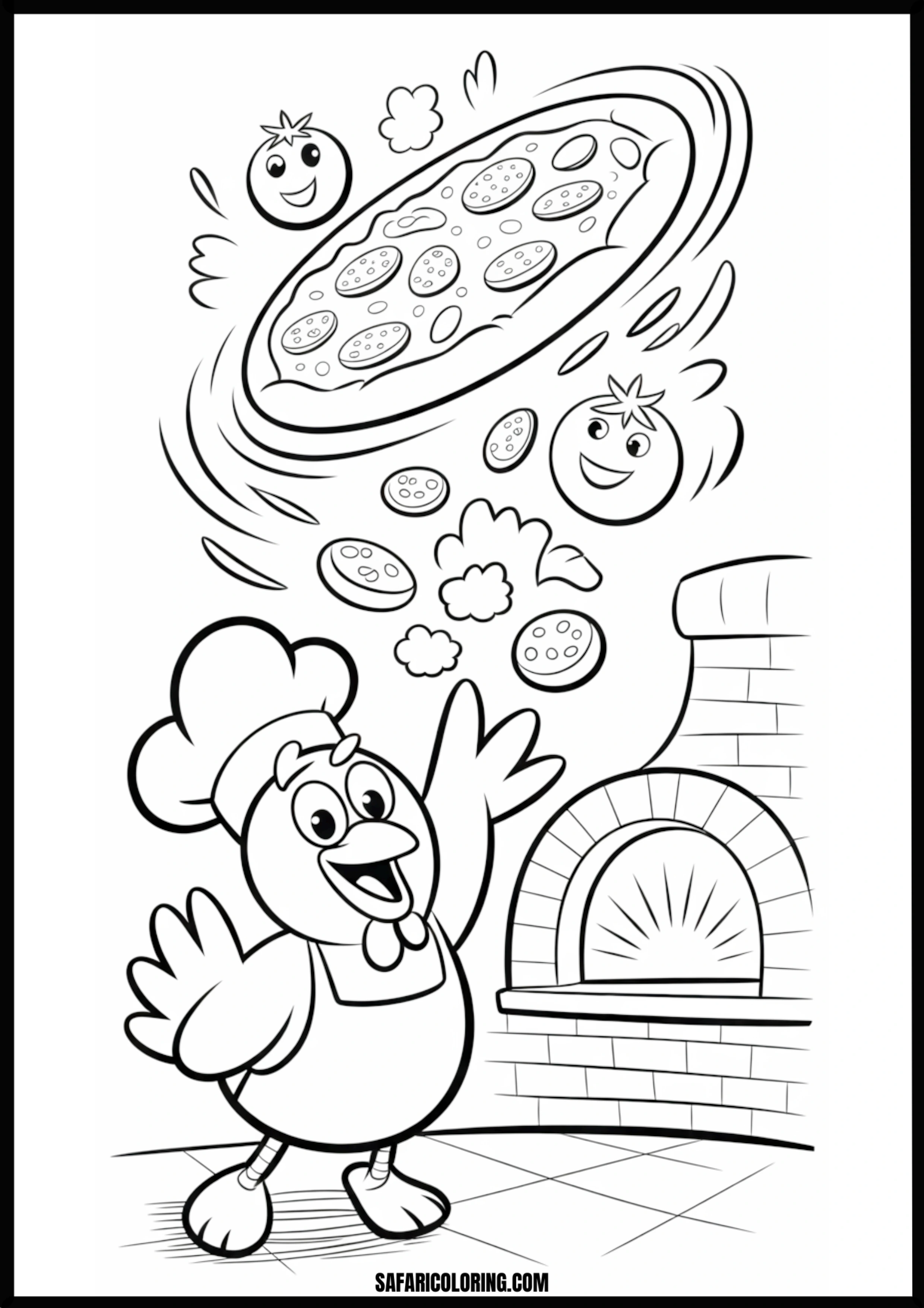 Cartoon chicken chef making a flying pizza in an oven