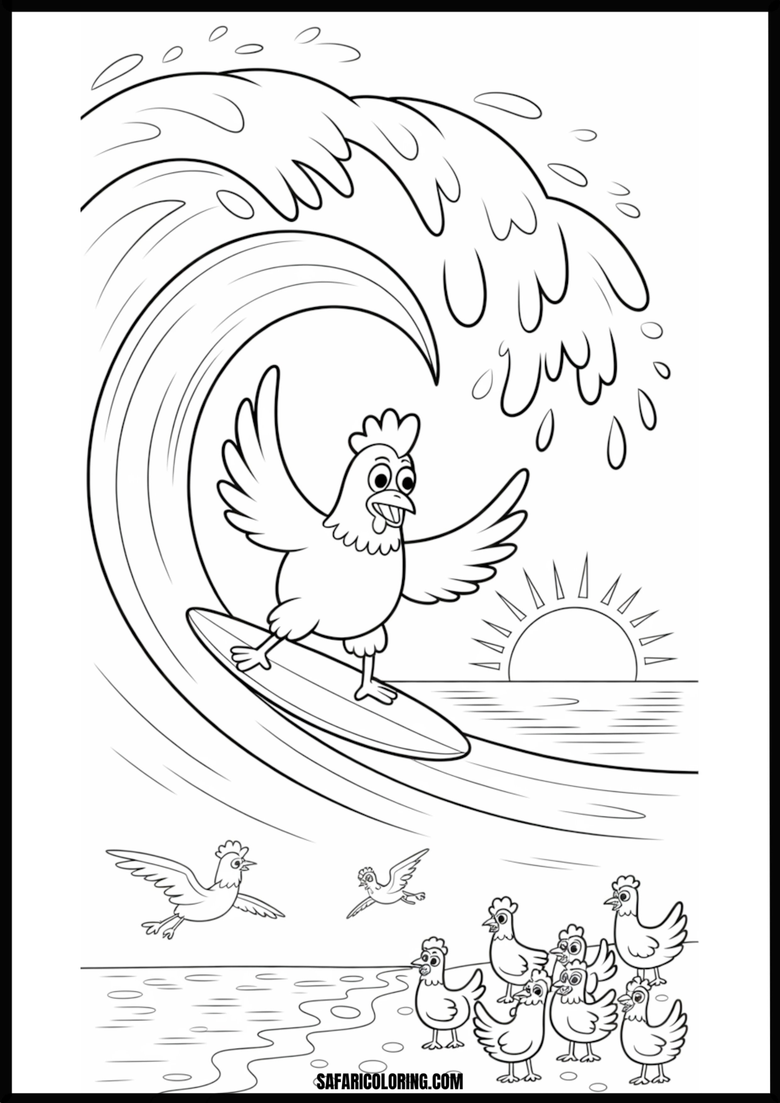 Chicken surfing on a big wave at sunset