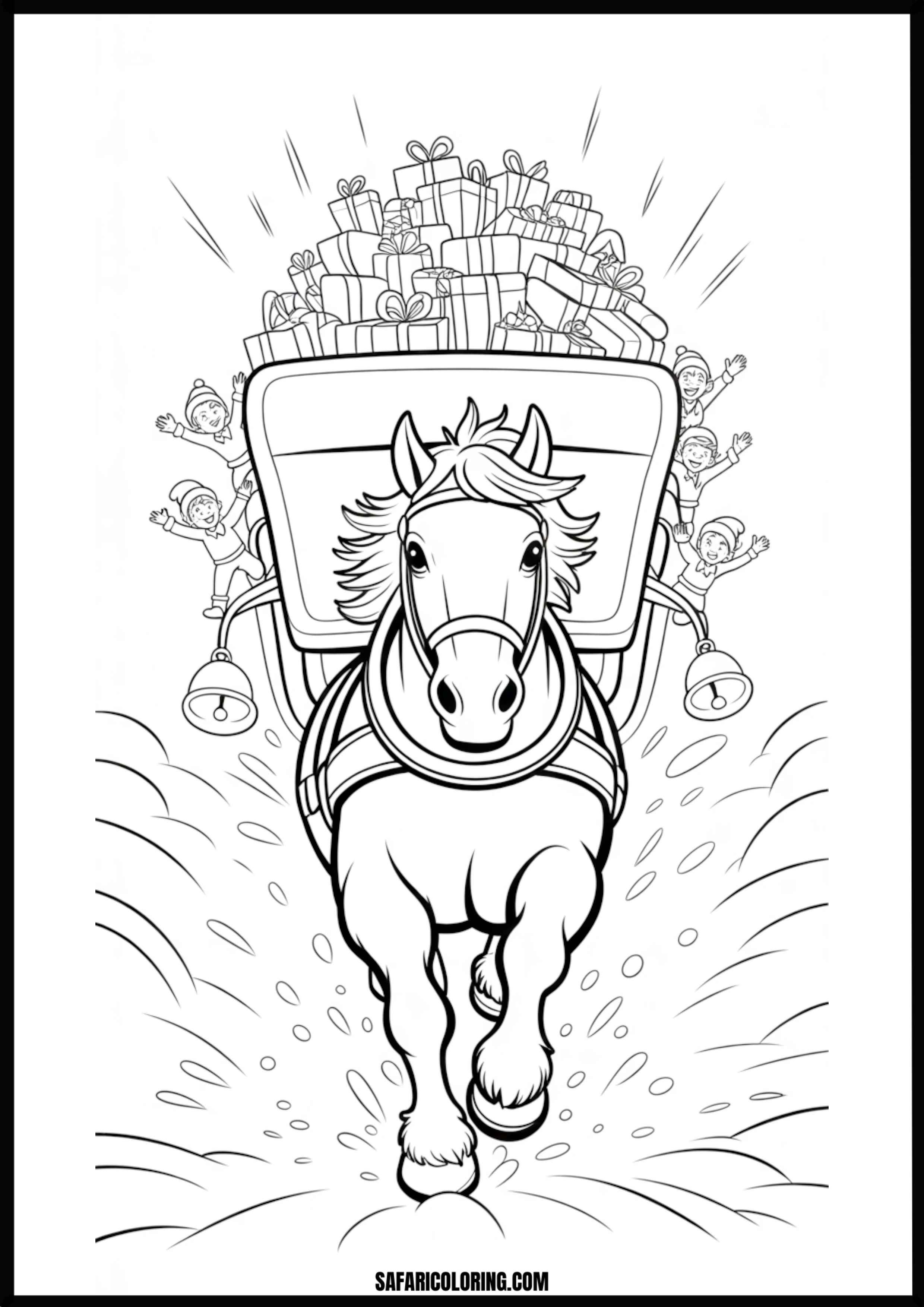 Christmas horse sleigh with elves coloring page