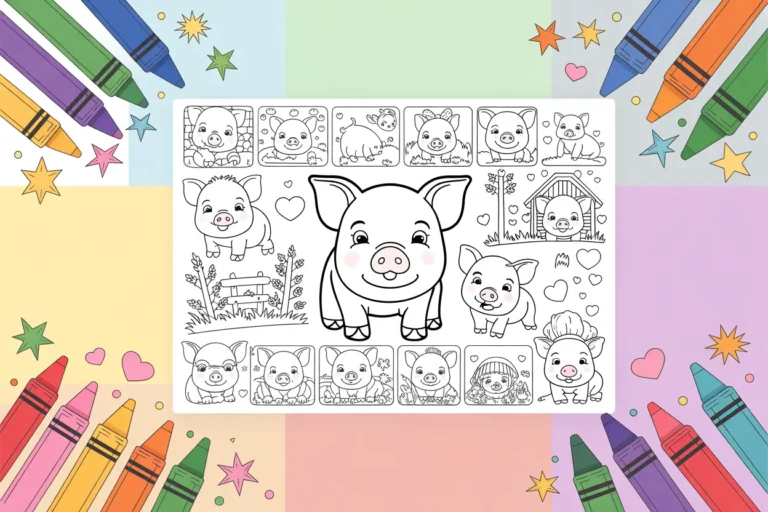 Collection of cute pig coloring pages for kids featuring baby pigs and farm scenes