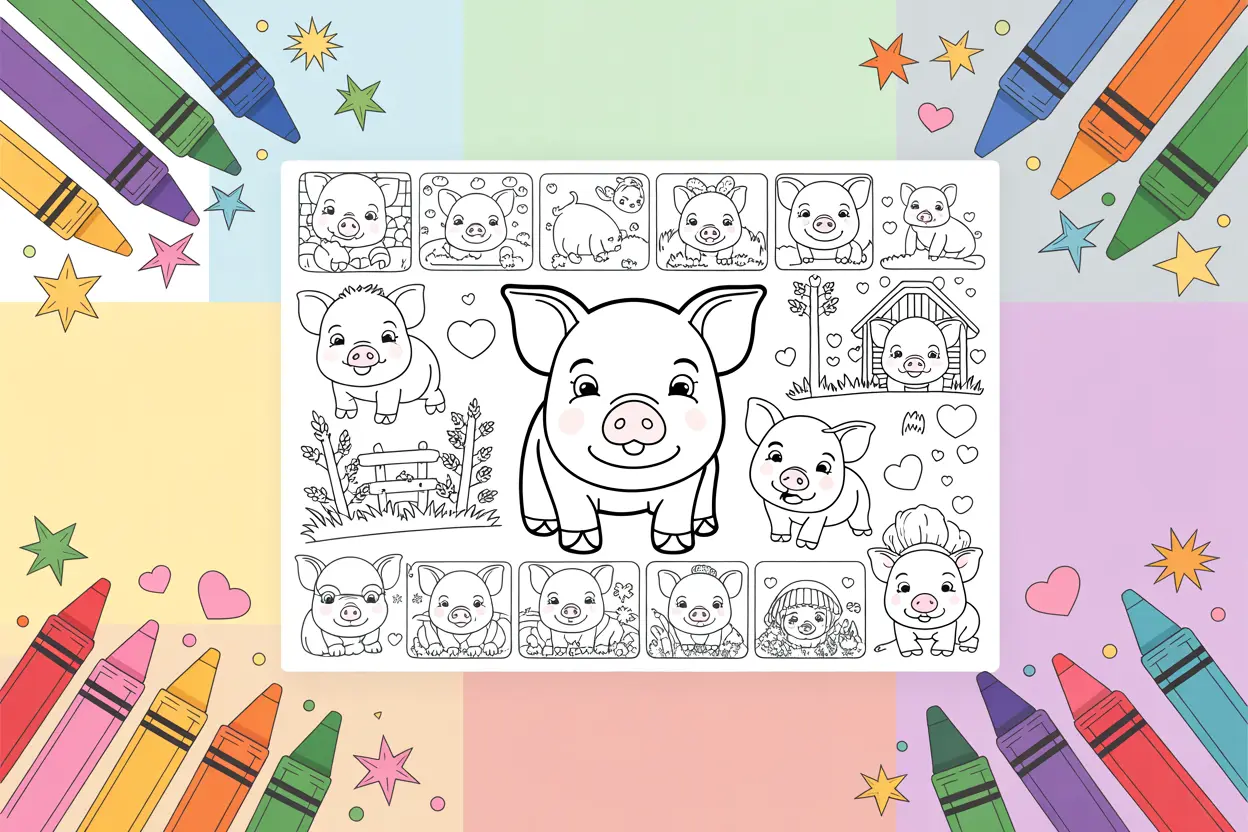 Collection of cute pig coloring pages for kids featuring baby pigs and farm scenes