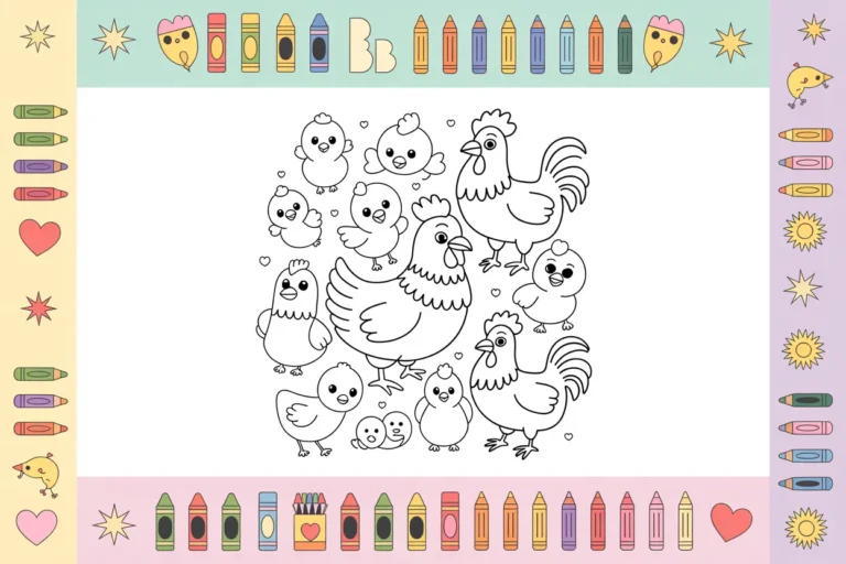 Collection of free printable chicken coloring pages featuring baby chicks, hens, and roosters for kids